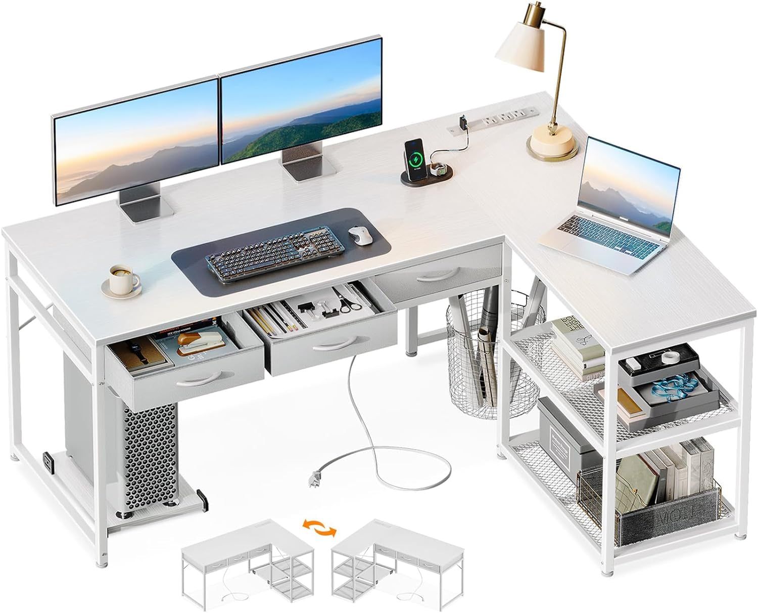 53 Inch L Shaped Computer Desk with Drawers, Corner Desk with Power Outlets &amp; Reversible Storage Shelves, Movable CPU Stand for Home Office Gaming, White