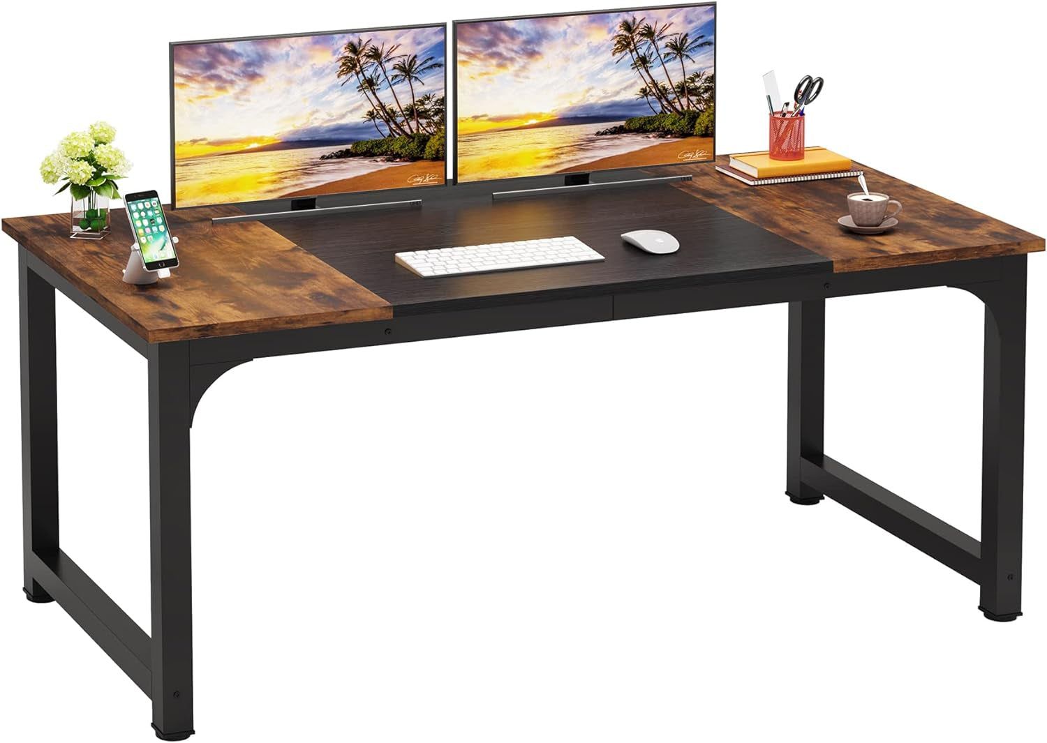 63 Inch Large Executive Computer Office Desk, Brown+Black