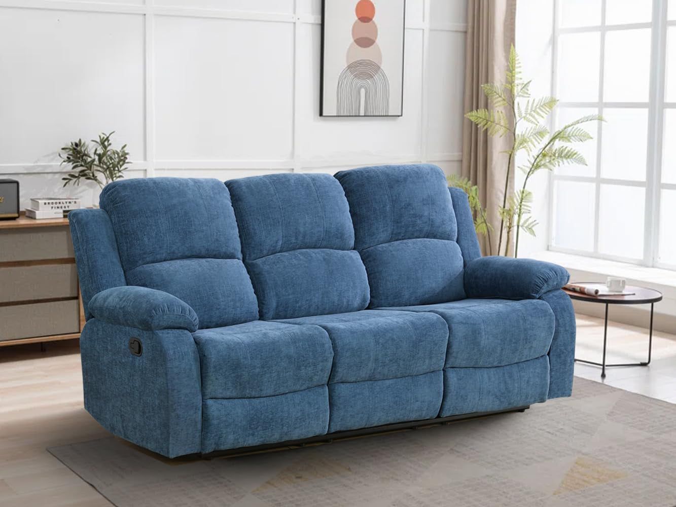3 Seater Recliner Sofa Couch Modern Manual Reclining Sofa Fabric Reclining Sofa Living Room Couch with Dual Cup Holders and Drop down Table for Living Room/Office/Rv Car (Blue, 3 Seater Sofa)