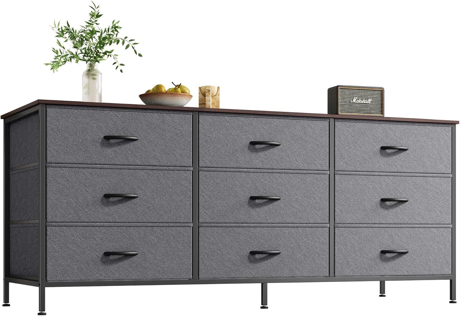 9 Drawer Dresser, 55 Inch Dresser TV Stand for 55, 60 Inch TV, Entertainment Center with Drawers, Large Storage Fabric Dresser for Bedroom, Closet, Dark Grey