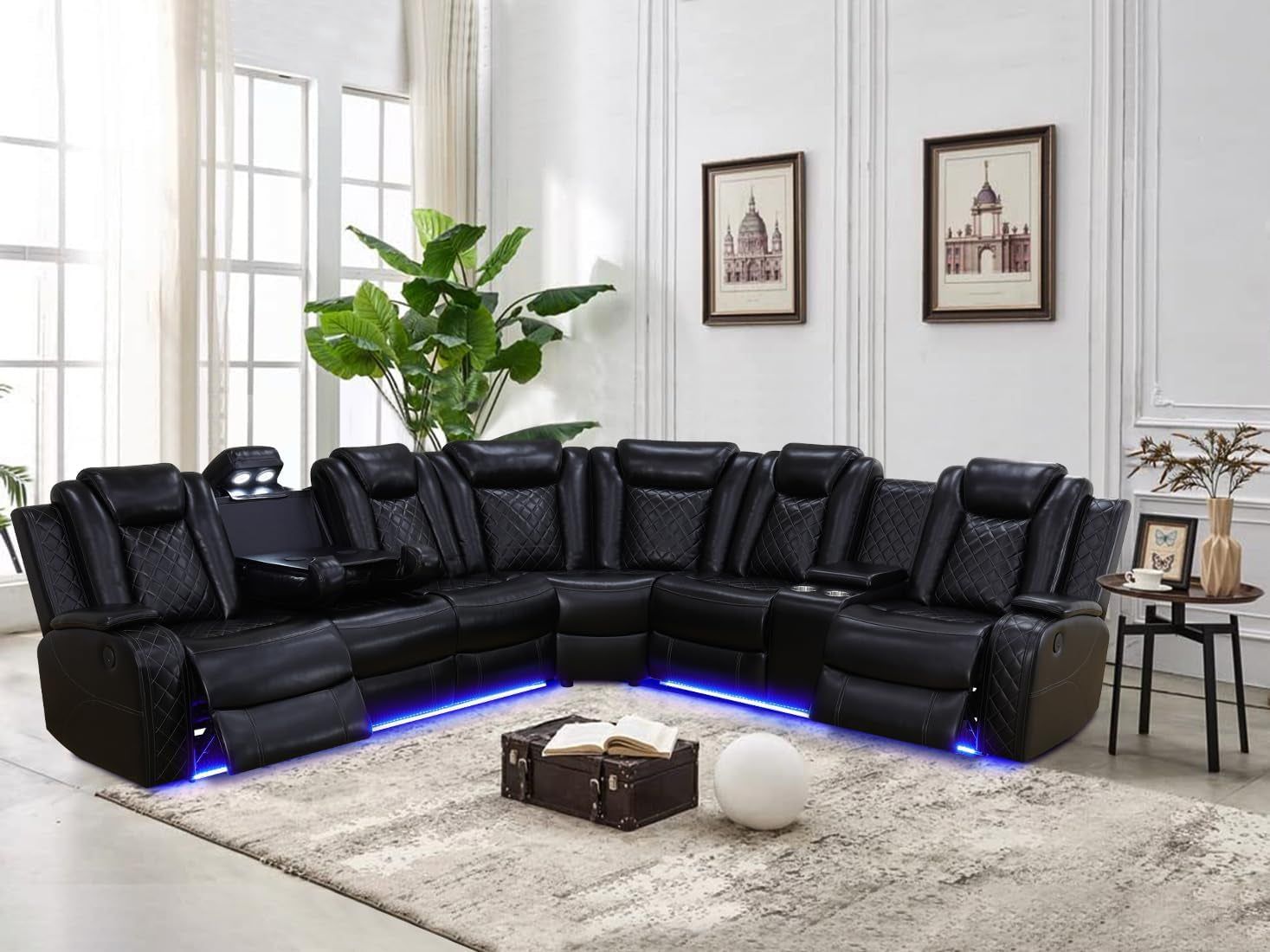 Living Room Furniture Set Black Leather Sofa Living Room Set Power Recliner Adjustable Sofa,Loveseat and Chair with Cup Holders/Storage Console/Led Light/Ups Port for Living Room, Office