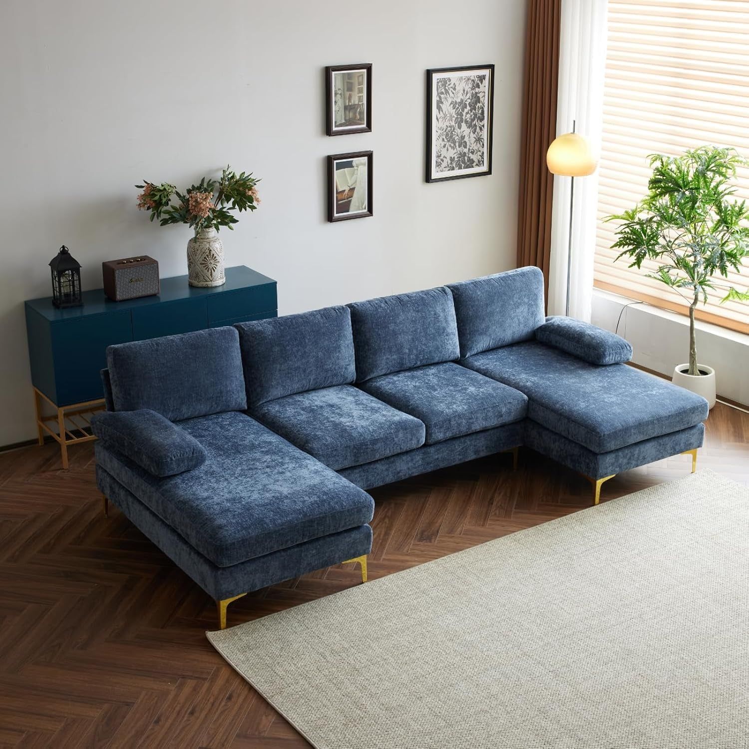 Convertible Sectional Sofa 110&quot; U-Shape Sofa Couch 4-Seat Couch with Chaise Chenillefabric Upholstered for Living Room, Apartment, Office, Grey-Blue