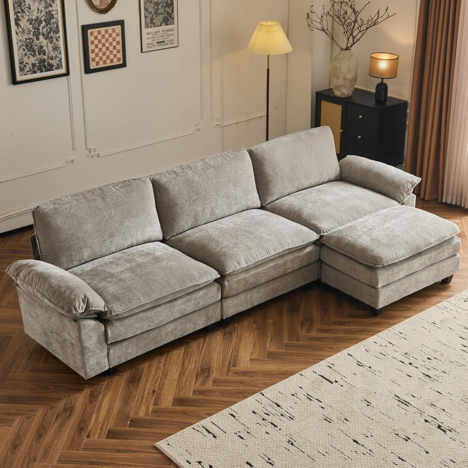 Sectional Sofa Modular Deep Seat Sofa Couch with Ottoman, Chenille Sofa Sleeper Comfy Upholstered Furniture for Living Room, Apartment, Studio, Office, (3-Seat &amp; 1-Ottoman, Light Gray)