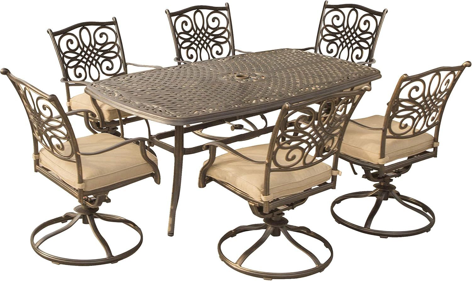 Traditions 7-Piece Patio Dining Set with 6 Swivel Rocker Chairs, Tan Cushions and Large 38&quot;X72&quot; Dining Table, Outdoor Dining Set for 6, Premium Weather Resistant Patio Furniture