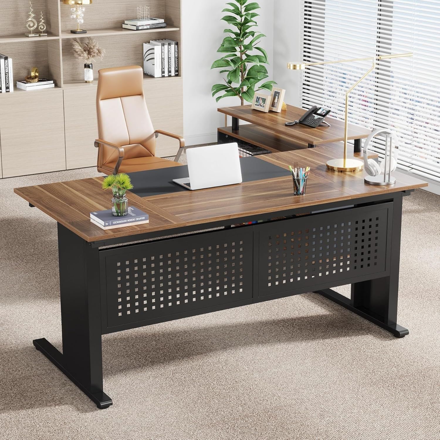 63 Inch Brown Black L Desk Storage