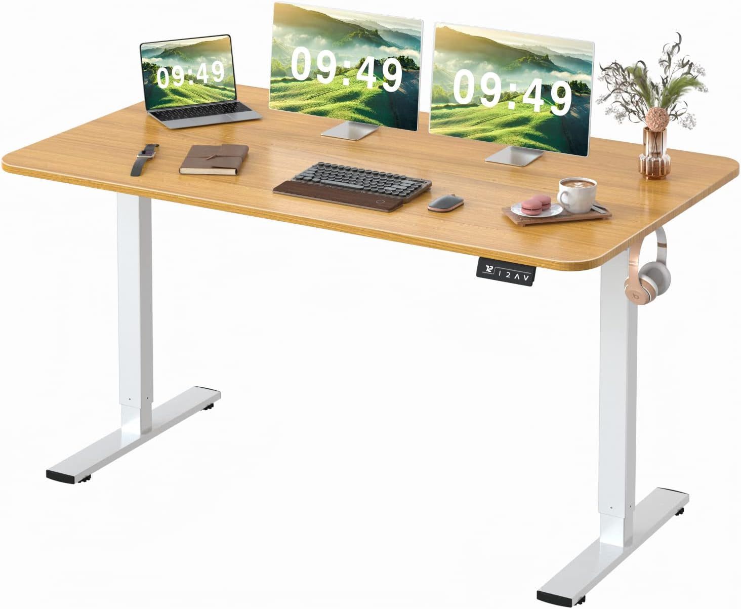 Electric Height Adjustable Standing Desk Large 55 X 24 Inches Sit Stand up Desk Home Office Computer Desk Memory Preset with T-Shaped Metal Bracket, Wood