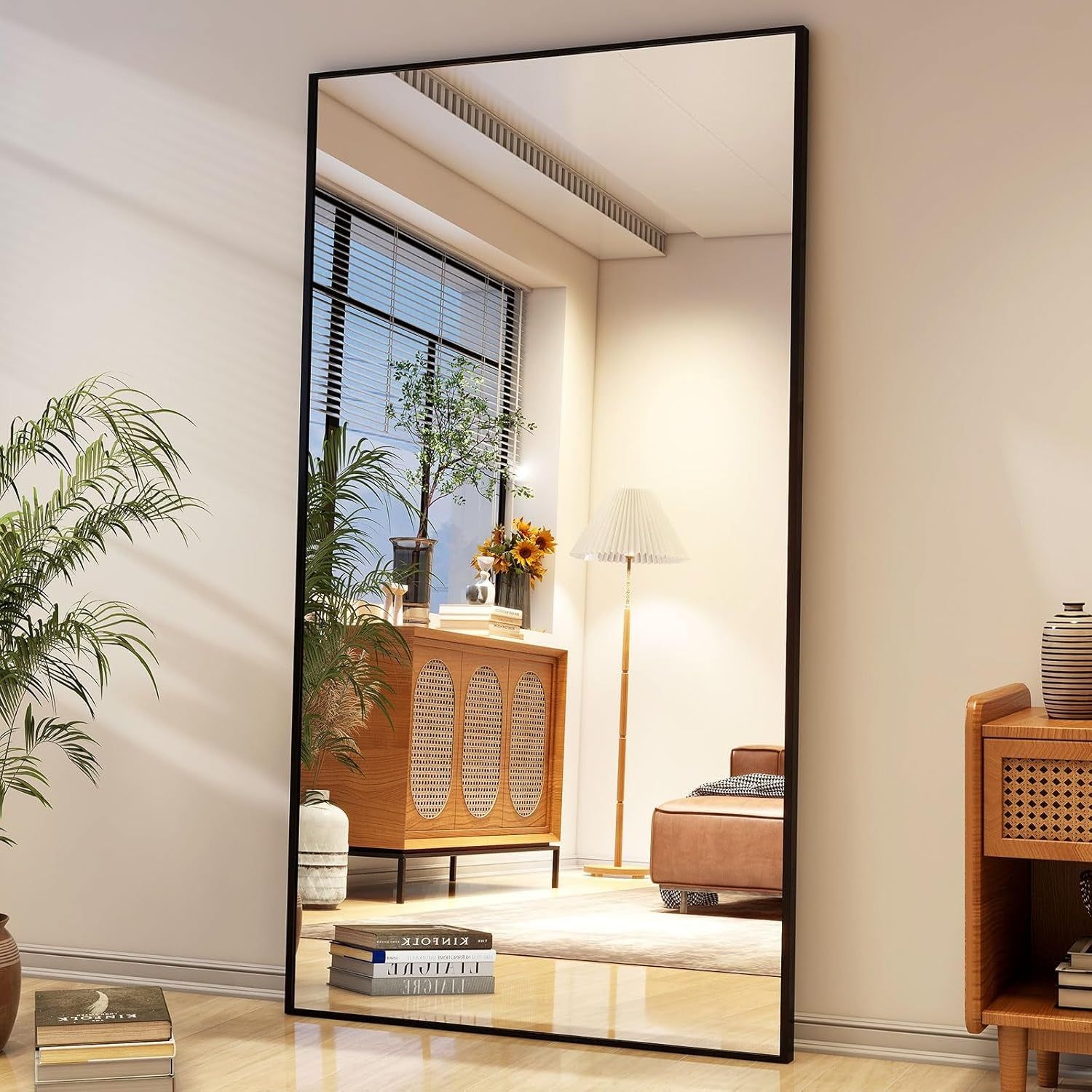 Full Length Mirror with Stand 34&quot;X76&quot; Full Body Mirror Floor Mirror Standing Hanging or Leaning Wall, Wall Mirror with Stand Aluminum Alloy Frame for Living Room Bedroom Cloakroom,Black