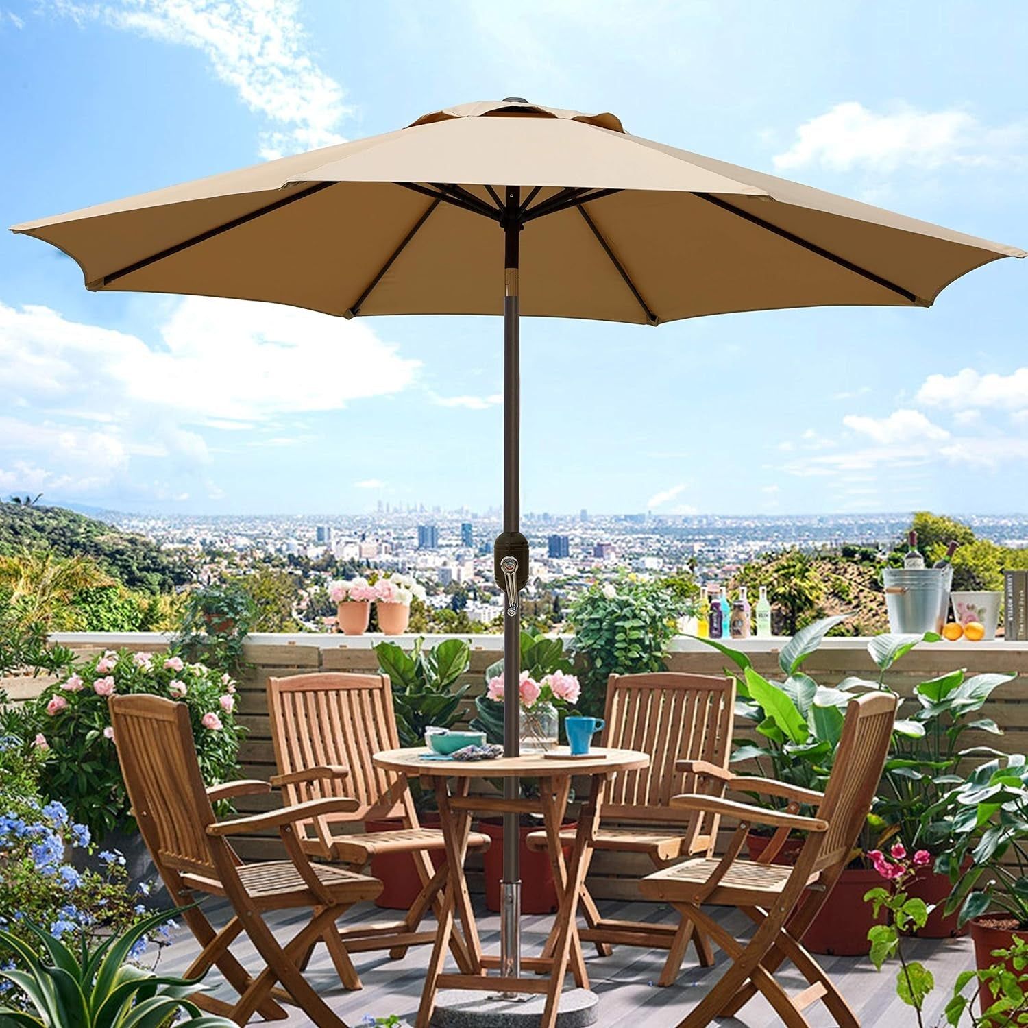 9&#39; Outdoor Patio Umbrella, Outdoor Table Umbrella, Yard Umbrella, Market Umbrella with 8 Sturdy Ribs, Push Button Tilt and Crank