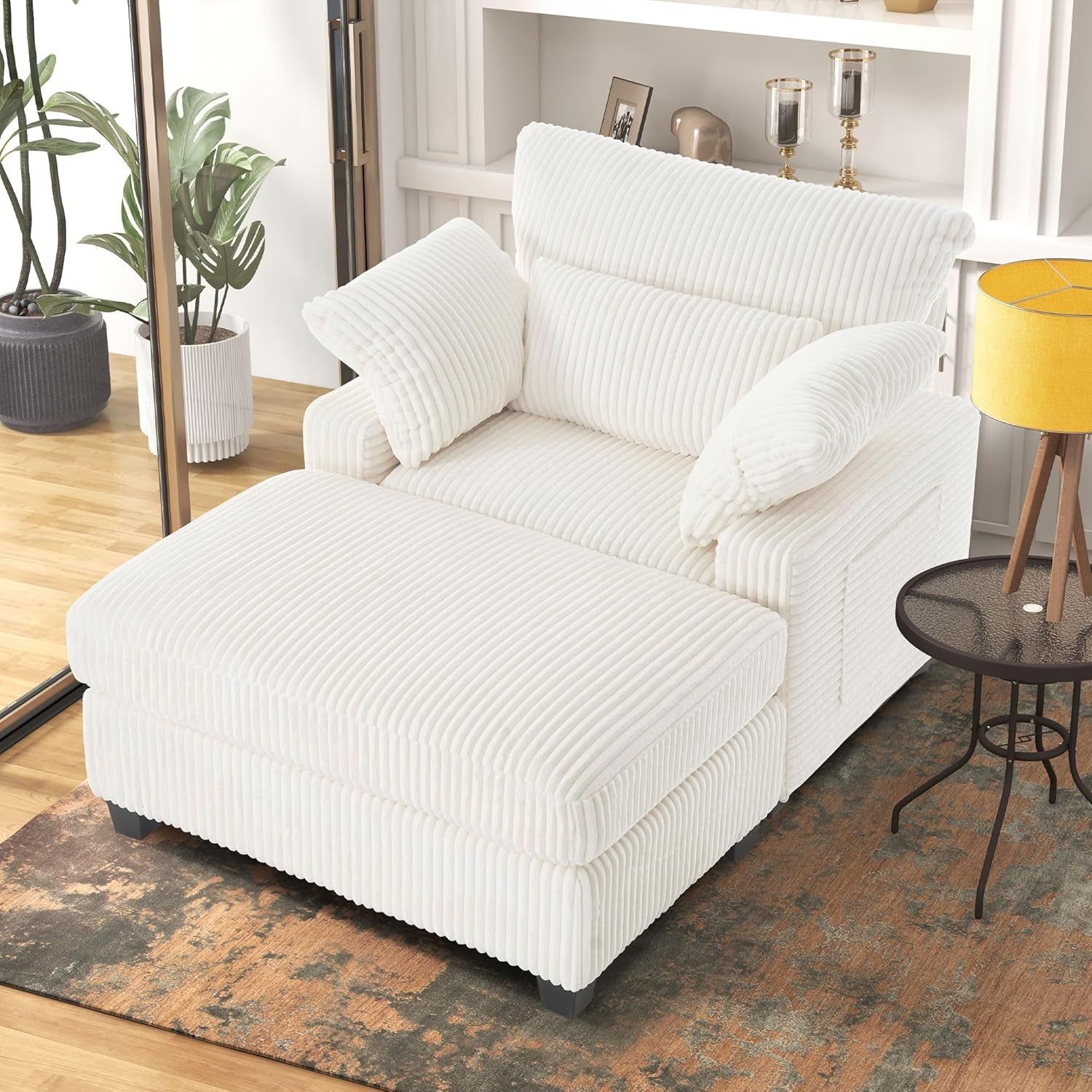 Chaise Lounge Chair Indoor with Ottoman, 57.52 &quot;D Oversized Sleeper Chair, Corduroy Upholstered Comfy Sofa for Bedroom, Living Room, Office(Beige)