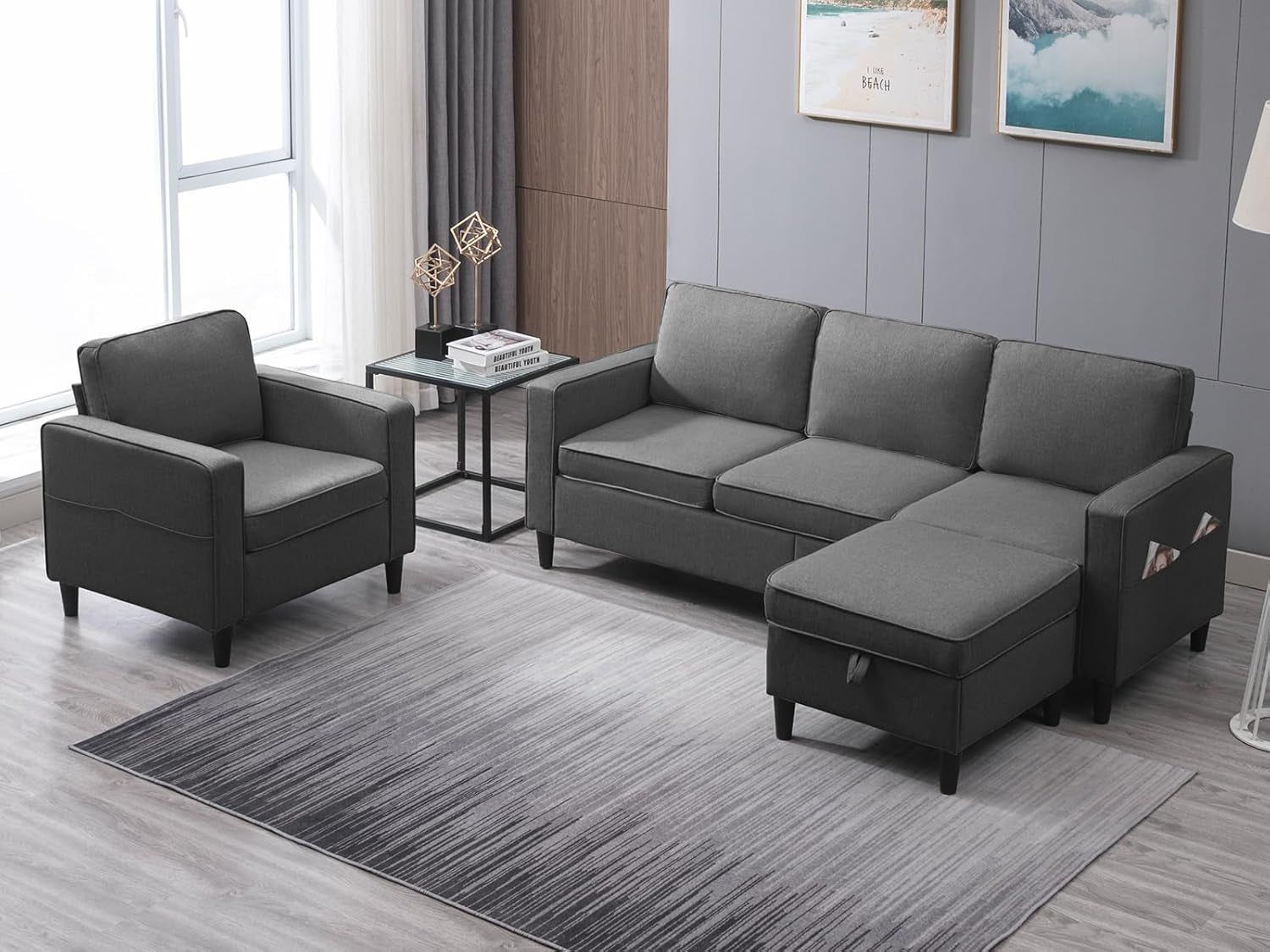 3PCS Convertible Sofa Set, Linen Upholstered Couch Set with Side Pockets, Modern Living Room Sofa with Storage Ottoman, Couch for Living Room Apartment (Dark Grey, Sectional Sofa + Single)
