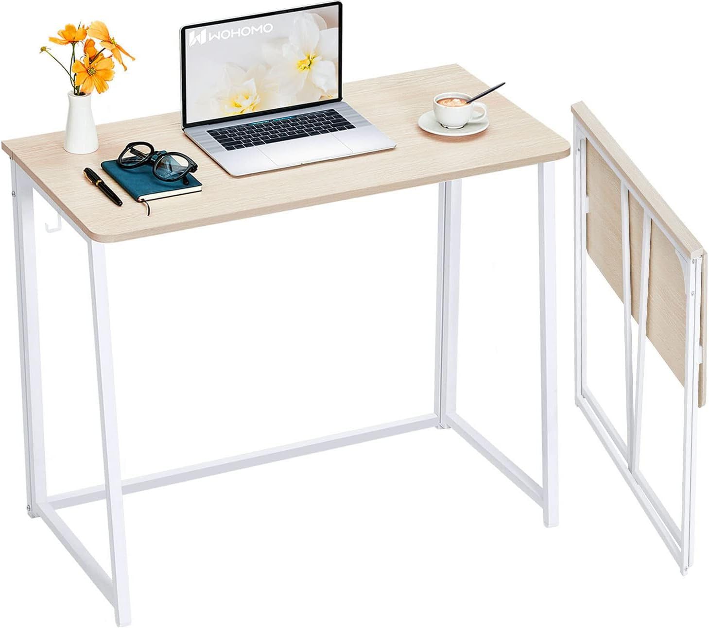 Folding Desk, Small Foldable Desk 31.5&quot; for Small Spaces, Space Saving Computer Table Writing Workstation for Home Office, Easy Assembly, Oak