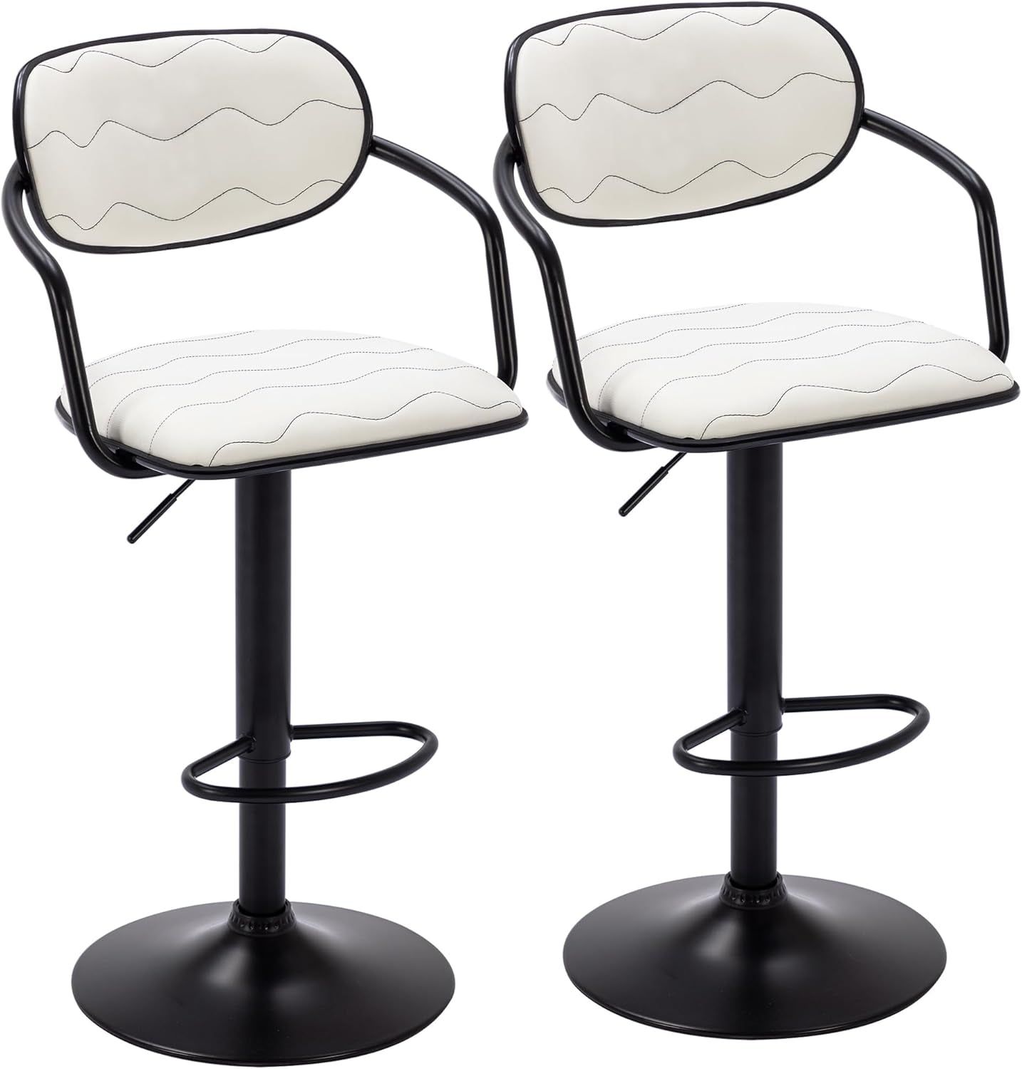 Bar Stools Set of 2, Adjustable Counter Height Barstools with Back and Arm, Swivel Bar Chairs/Pu Leather Kitchen Island Stools for Pub/Dining Room/Living Room, White