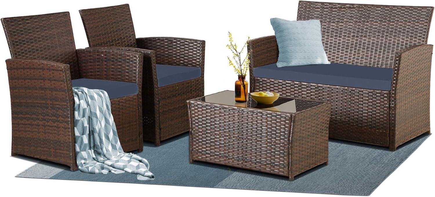 4 Piece Patio Furniture Set,Outdoor Wicker Conversation Sets,Rattan Sectional Sofa W/Coffee Table,Seat Cushions for Backyard Porch Garden Poolside (Gray/Blue)