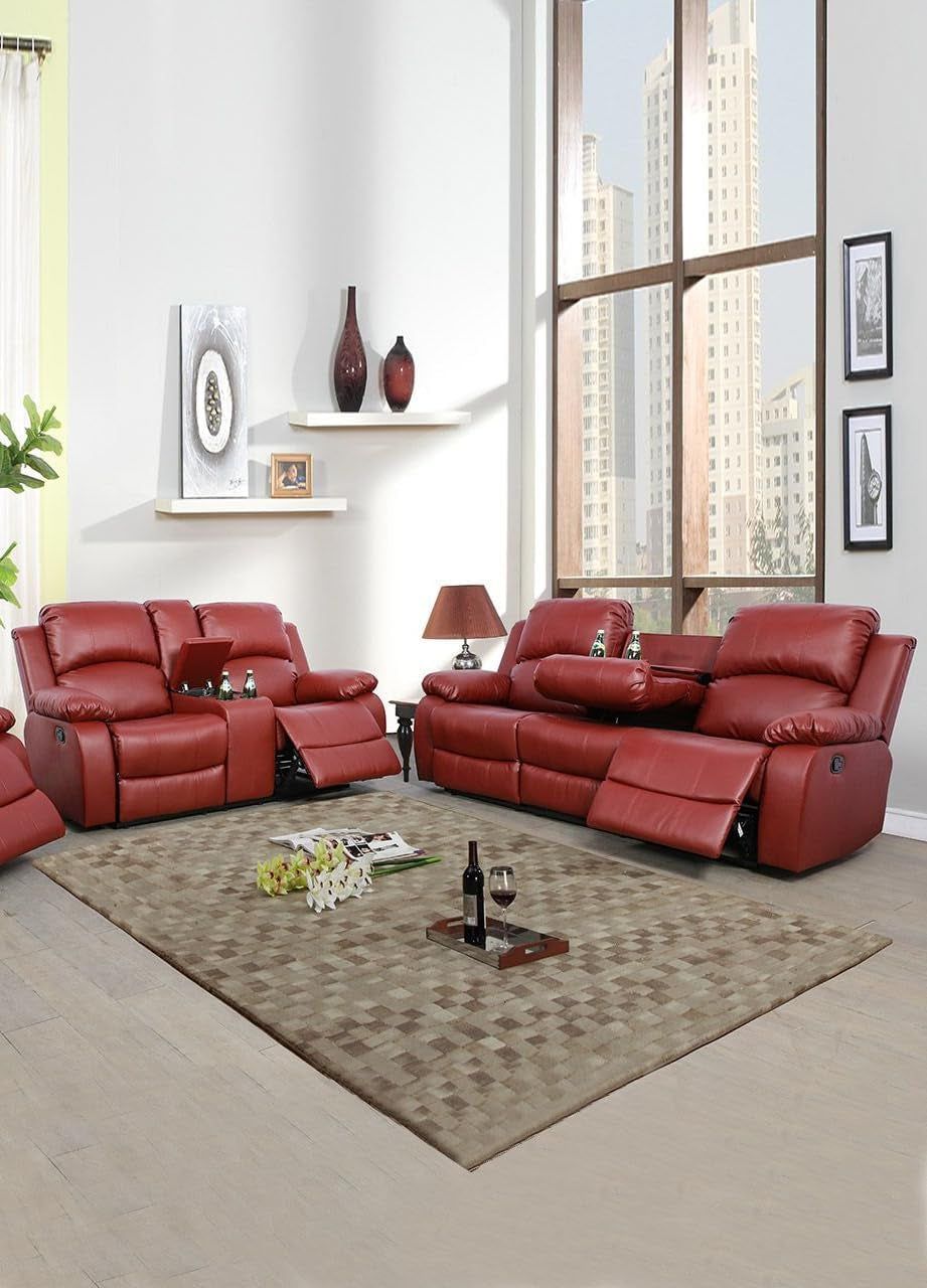 Faux Leather Recliner Sofa Set, Reclining Living Room Set, Manual Reclining Sofa and Loveseat with Recliner Chair (Red, Sofa+Loveseat)