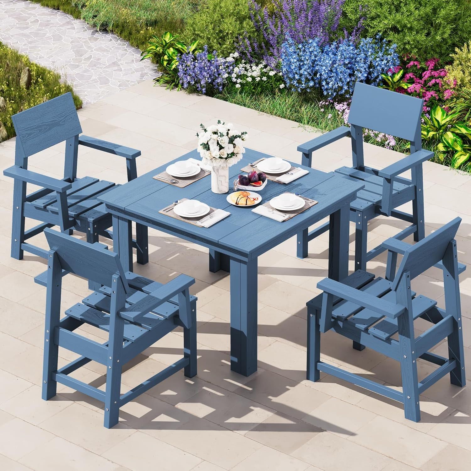 HDPE Outdoor Dining Set, 37-Inch Square Table and Chairs Set All Weather Patio Dining Set, 5-Piece Patio Dining Furniture for Deck, Garden, Backyard, Navy Blue