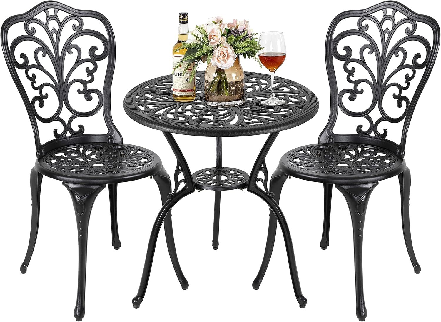 3 Piece Outdoor Bistro Table Set, All Weather Cast Aluminum Patio Bistro Sets Patio Table and Chairs Set of 2 with Umbrella Hole for Yard, Garden, Balcony, Black
