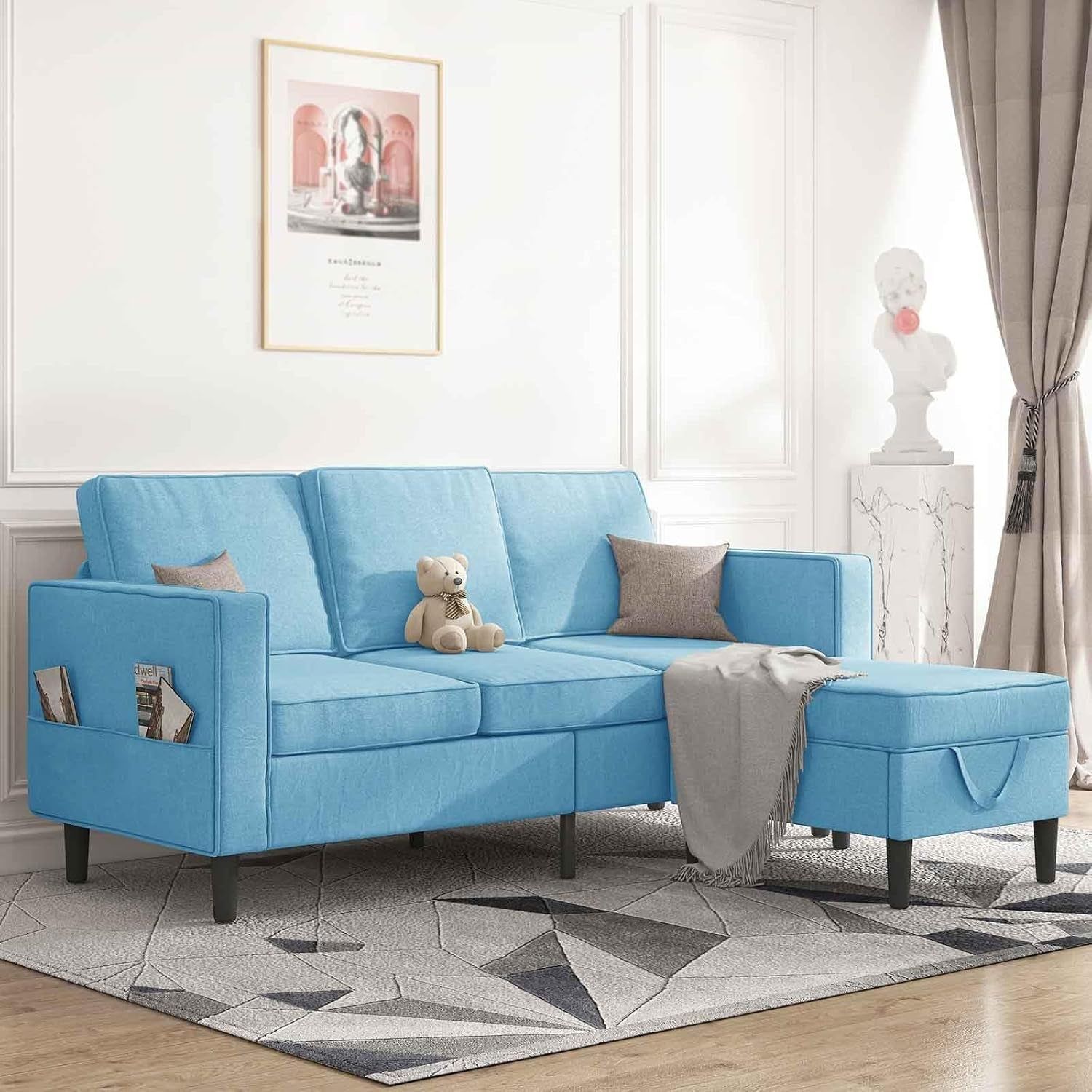 Sectional Sofa L Shaped Couch with Movable Storage Ottoman/Side Pockets/Modern Sofas/Easy Assembly/Free Combination - Blue