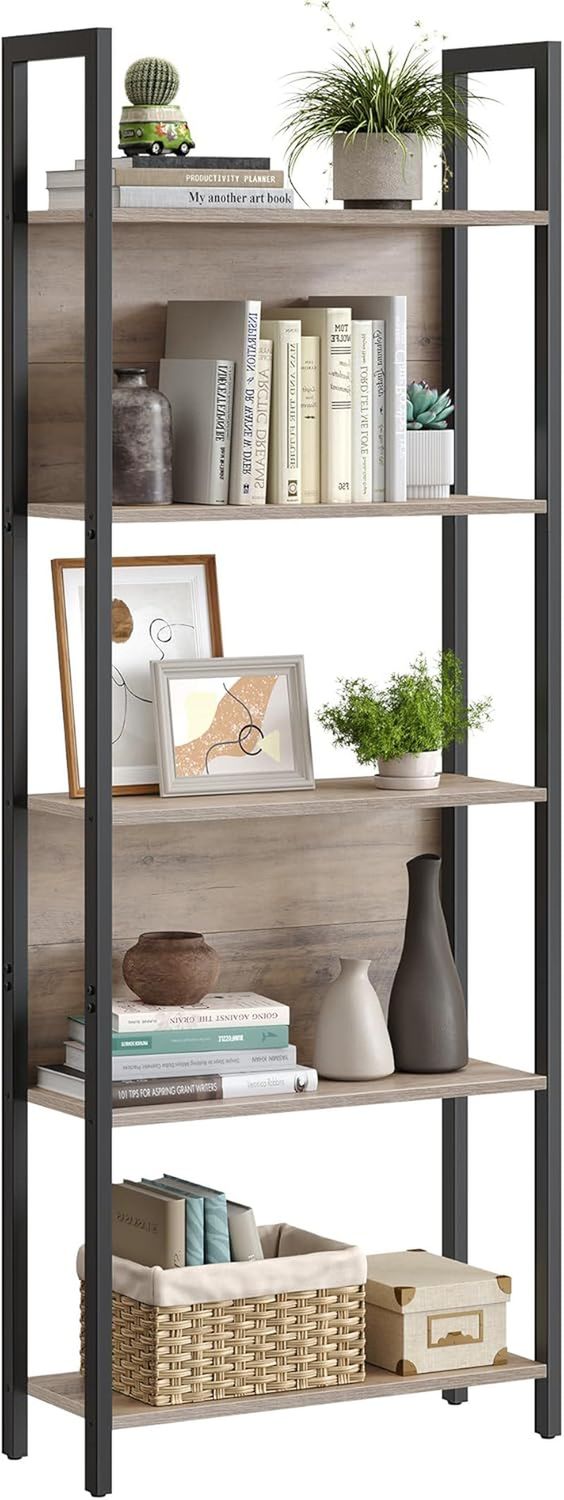 5-Tier Bookshelf, Book Shelf, Industrial Bookcase, with Steel Frame, for Living Room, Home Office, Bedroom, 9.4 X 24.4 X 65 Inches, Greige and Black ULLS025B02