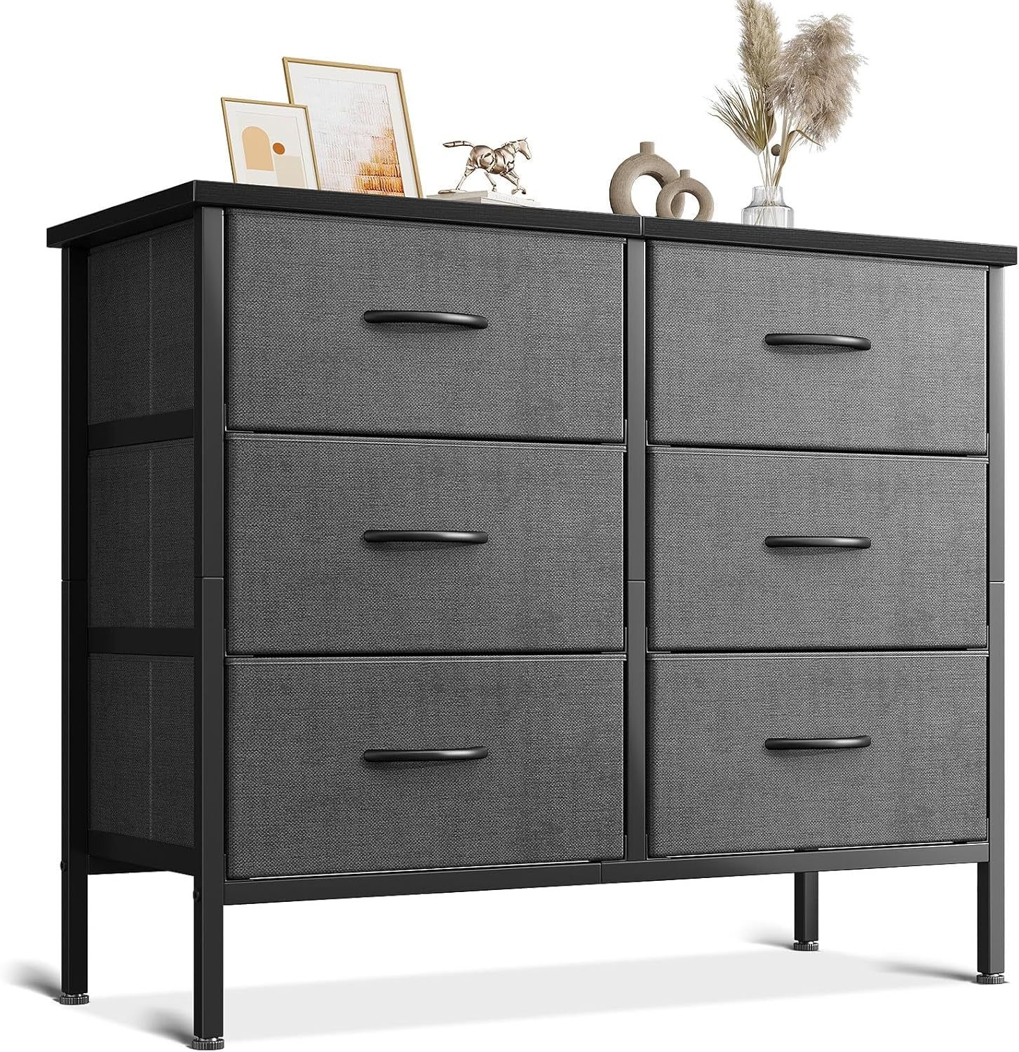 Dresser for Bedroom Dresser TV Stand with 6 Storage Drawers, Small Fabric Dresser Chest of Drawers for Closet Organizer Clothes, Black and Dark Grey
