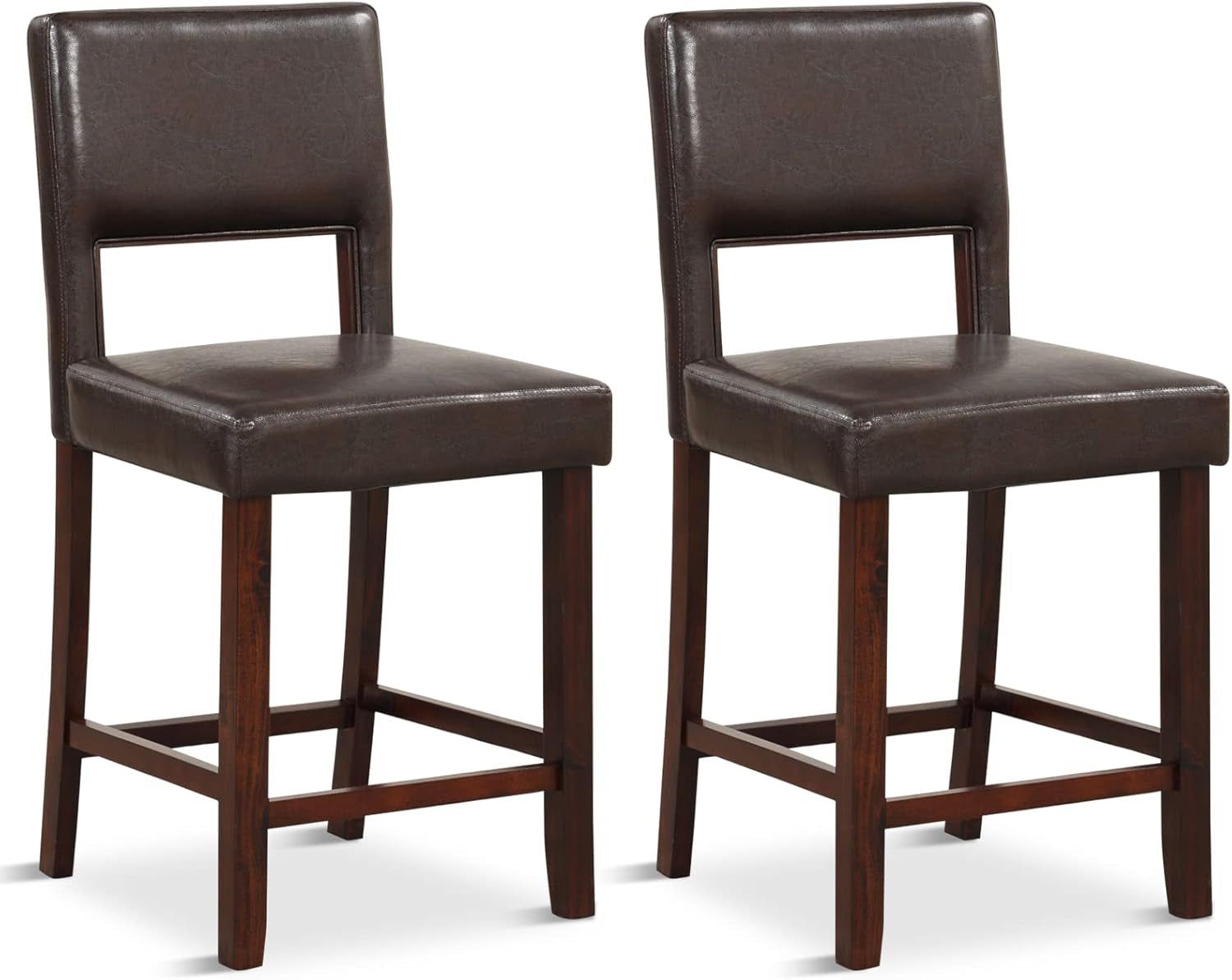 24.5&quot; Counter Height Bar Stools Set of 2, PVC Leather Barstools with Back, Rubber Wood Legs, Max Load 400 Lbs, Modern Upholstered Bar Dining Chairs for Kitchen Island Pub, Brown