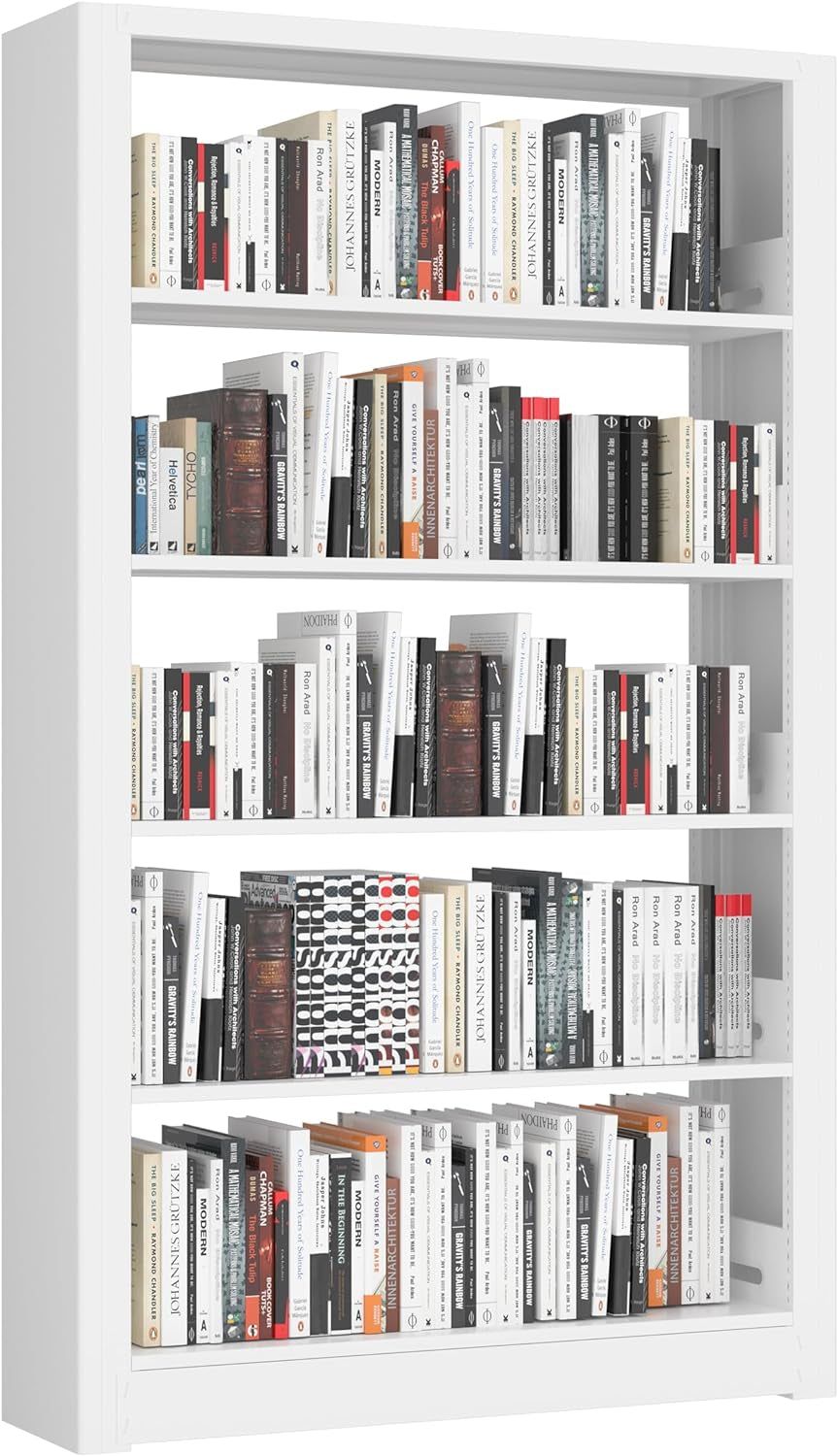 5-Tier Bookshelf, White Bookshelf with Adjustable Storage Shelves, Metal Bookshelf, 69&quot; Tall Bookcase for Living Room, Library, Office, Bedroom, Including Book Stopper