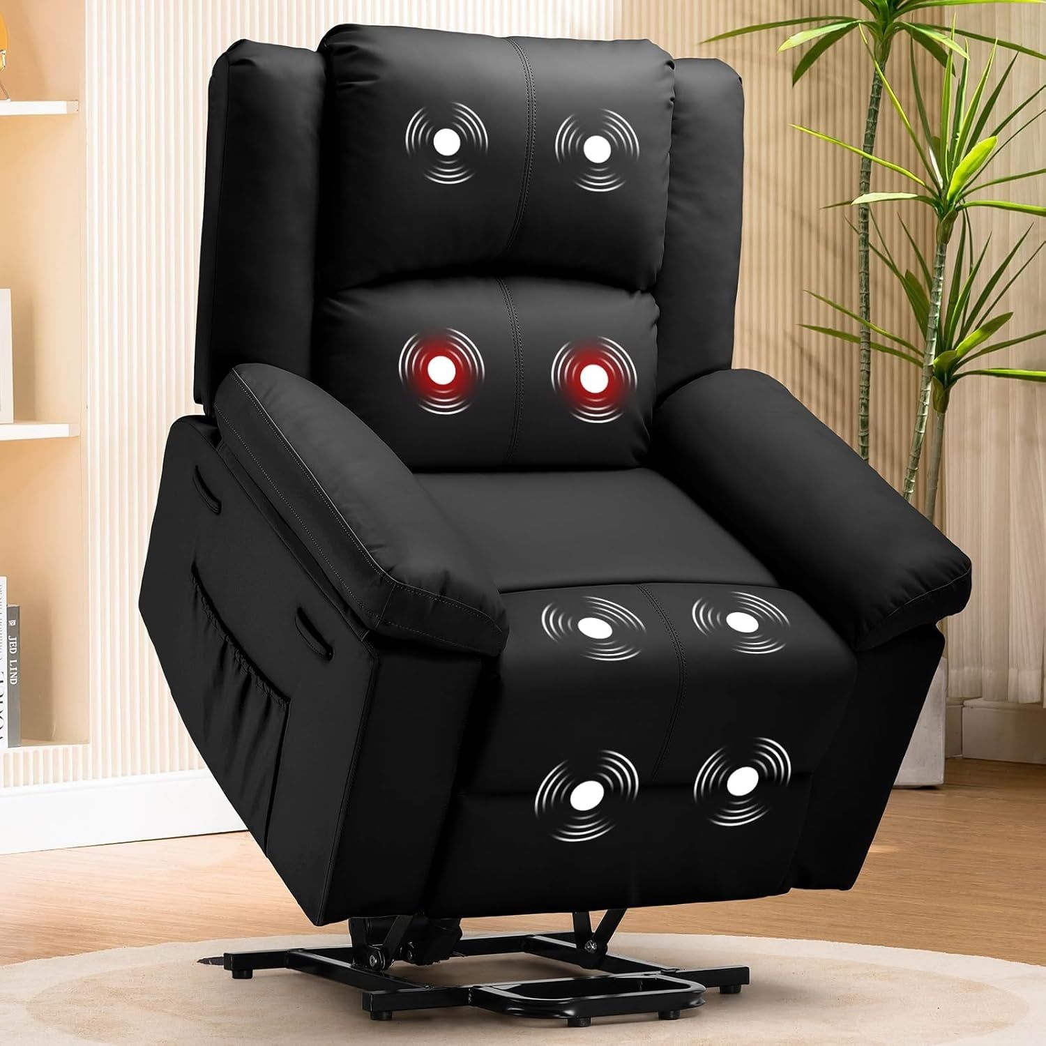 Power Lift Recliner for Elderly, Lift Chair with Heat and Massage，Pu Recliner Sofa with 2 Side Pockets and Infinite Position for Living Room, Black