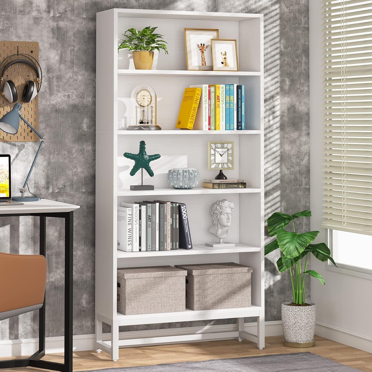 Tall Bookcase and Bookshelf, 70.8” Large Bookcases Organizer with 5-Tier Storage Shelves, Heavy Duty Free-Standing Library Bookshelf Shelving Unit for Living Room, Bedroom, Office (White)