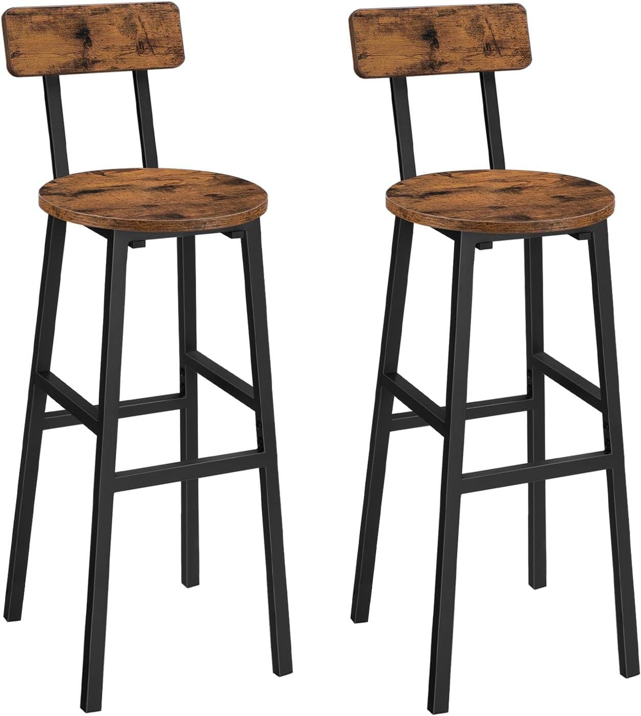 Bar Stools, Set of 2 round Bar Chairs, 28 Inches Barstools with Back, Breakfast Bar Chairs with Footrest, Counter Bar Stools, for Dining Room, Kitchen, Bar, Rustic Brown BAHR27701
