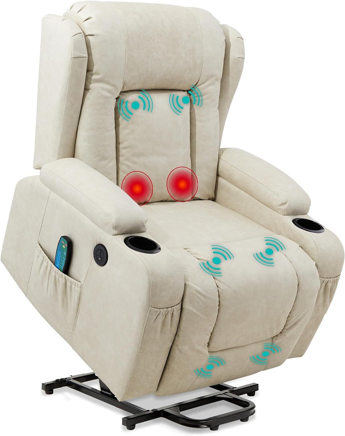 PU Leather Electric Power Lift Chair, Recliner Massage Chair, Adjustable Furniture for Back, Legs W/ 3 Positions, USB Port, Heat, Cupholders, Easy-To-Reach Side Button - Beige