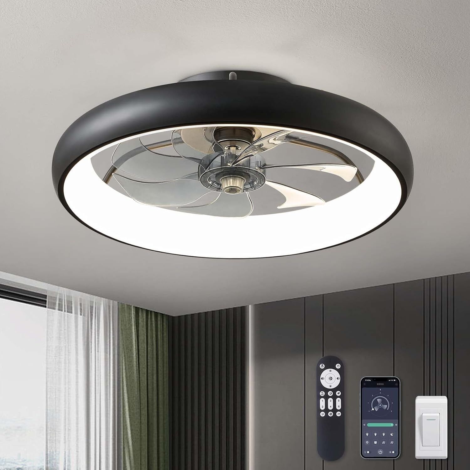 Ceiling Fans with Lights, 20&quot; Flush Mount Ceiling Fan with Remote &amp; APP Control, Black Low Profile Ceiling Fan with 6 Wind Speeds, Smart Dimmable LED Ceiling Fan for Bedroom, Living Room