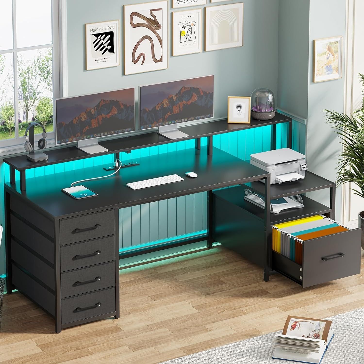 Computer Desk with 5 Drawer, Power Outlet &amp; Led Lights, 66&#39;&#39; Home Office Desk with File Drawer, Storage, Monitor Shelf, Gaming Desk, Black