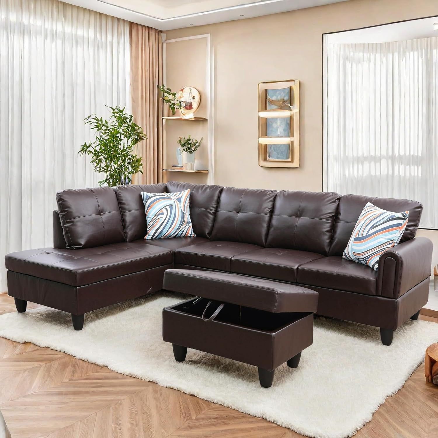 L Shaped Sectional Couch with Storage Ottoman, Modern Nailhead Comfy Lounge Sofa with Reversible Cup Holder &amp; Chaise, 97&quot; 4 Seat Modular Sofá for Living Room Apartment, Amaranth