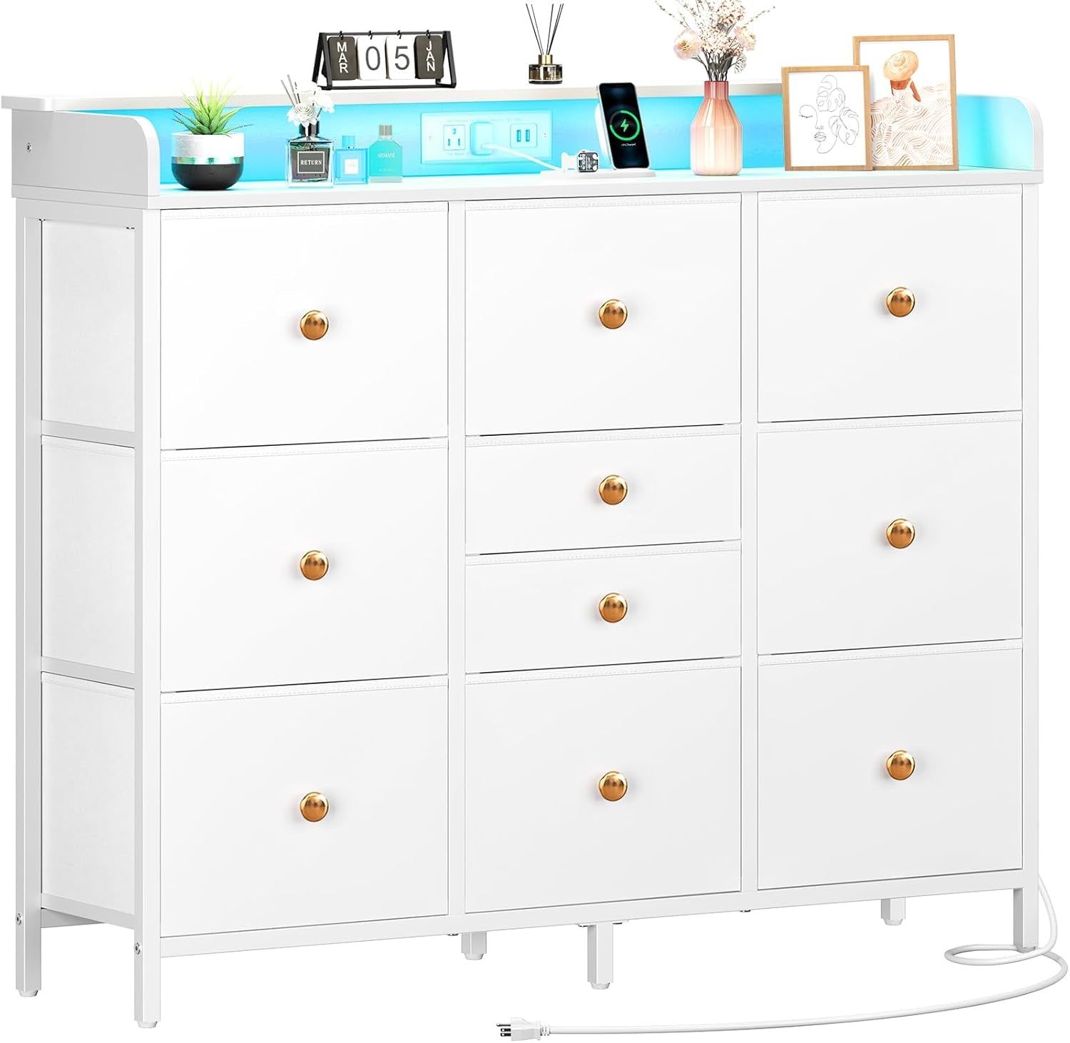 Dresser for Bedroom with Charging Station and LED Lights, Tall Dresser TV Stand with 10 Storage Drawers,Fabric White Dressers &amp; Chests of Drawers,Wood Dresser for Kids Bedroom Closet Organizer
