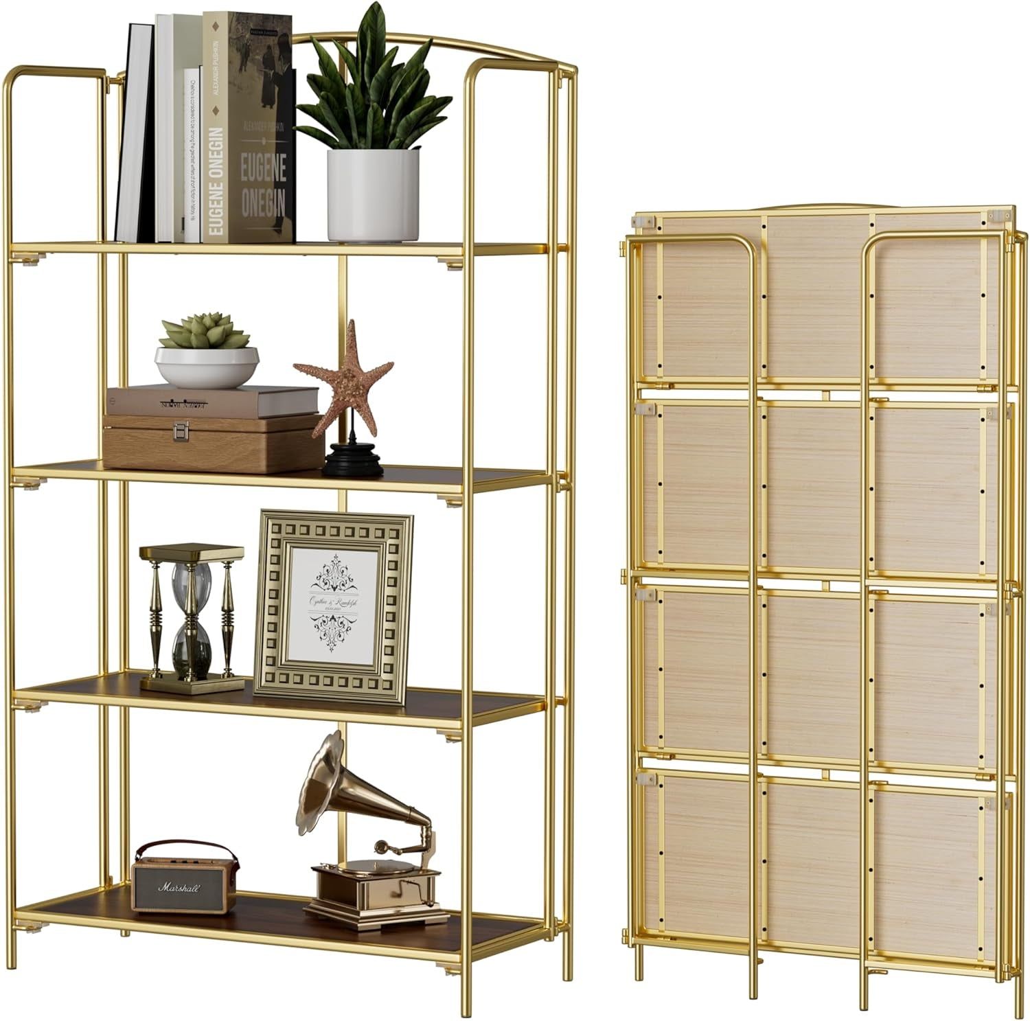 No Assembly Folding Bookshelf for Living Room, 4 Tier Gold Collapsible Book Shelf for Home Office, Portable Bookcase Storage Organizer
