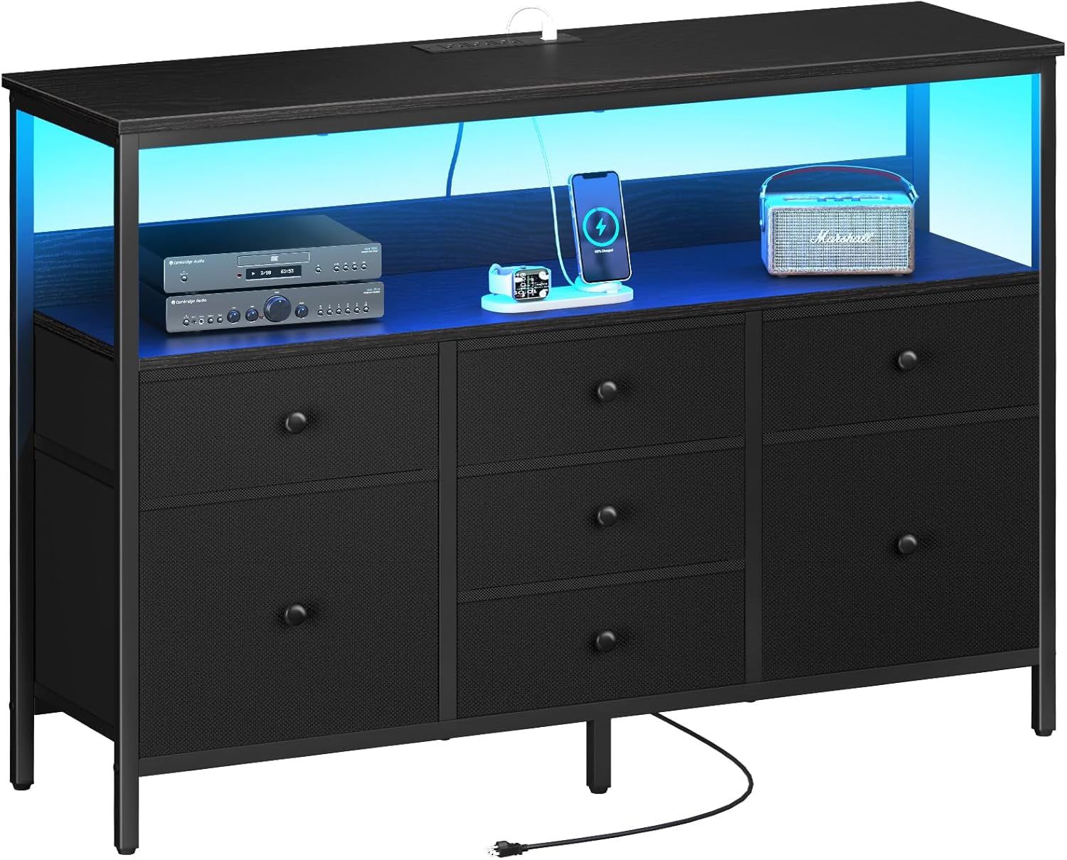 TV Stand Dresser for Bedroom, 7 Fabric Drawers Entertainment Center, LED Dressers with Power Outlets, TV Stands for Living Room with Storage Shelf, TV Console Entertainment Stand up to 50&quot; TV