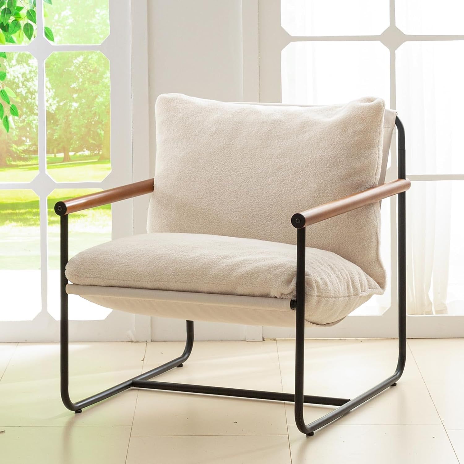 Modern Accent Chair, Living Room Chair with Wood Armrests, Shredded Foam Cushion, and Sturdy Metal Frame Reading Chair, Beige