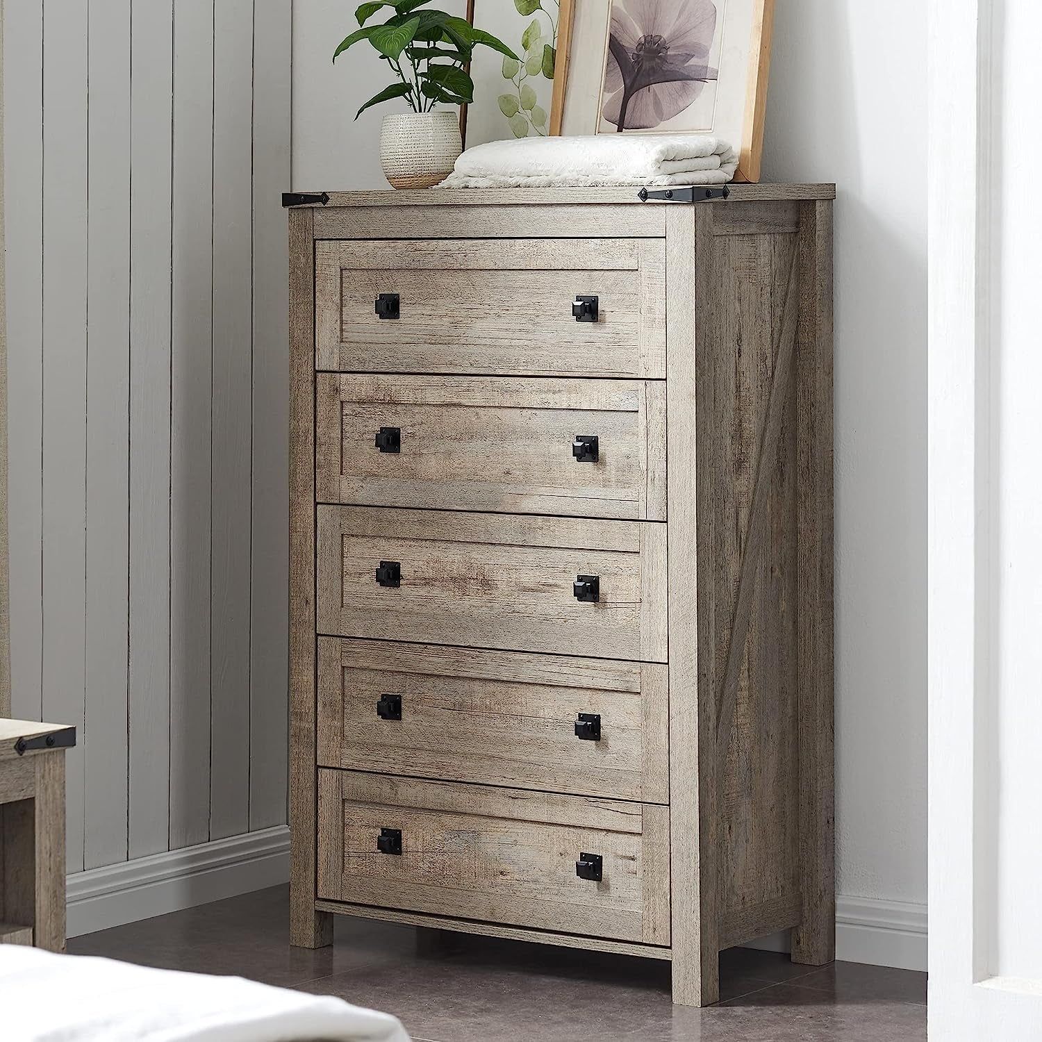 Rustic Oak Tall Dresser with 5 Drawers