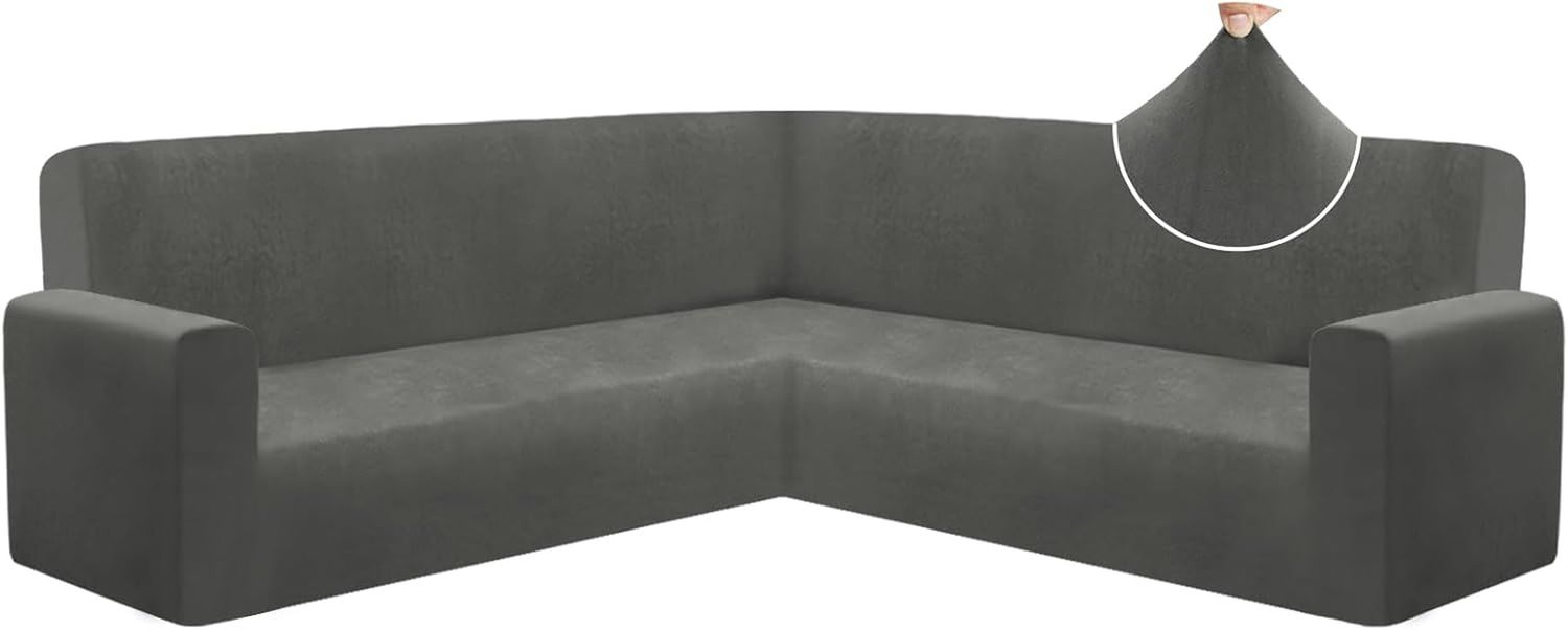 Luxury Velvet Sectional Couch Covers Thick Stretch L Shaped Corner Sofa Slipcover Universal Non Slip U Shape Sectional Sofa Cover Furniture Protector Machine Washable (Dark Grey, X-Large)