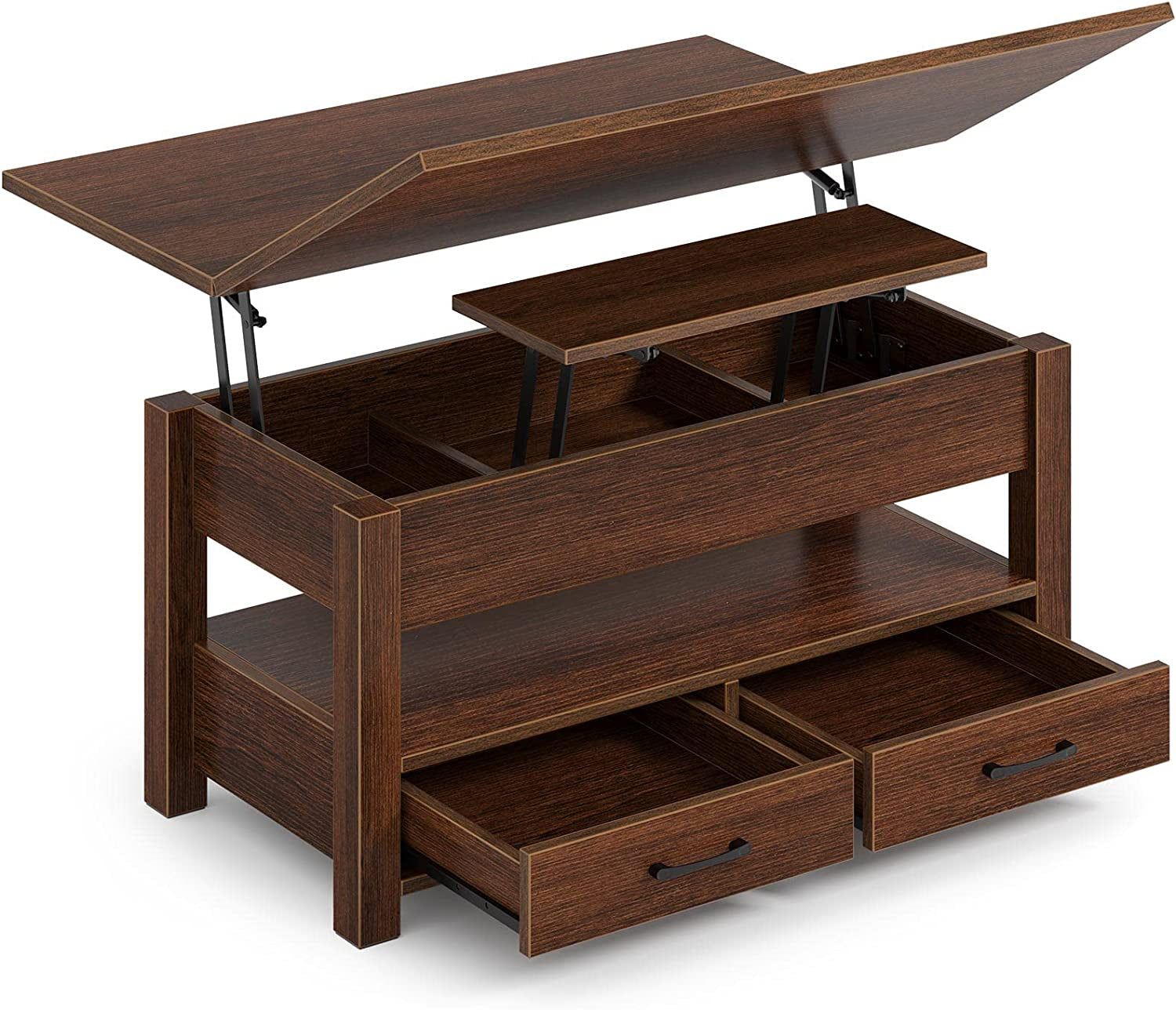 Coffee Table Lift Top, Multi-Function Convertible Coffee Table with Drawers and Hidden Compartment, Coffee Table Converts to Dining Table for Living Room, Home Office,Espresso
