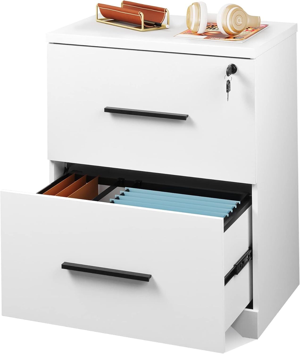2-Drawer Wood Lateral File Cabinet with Lock for Office Home, White