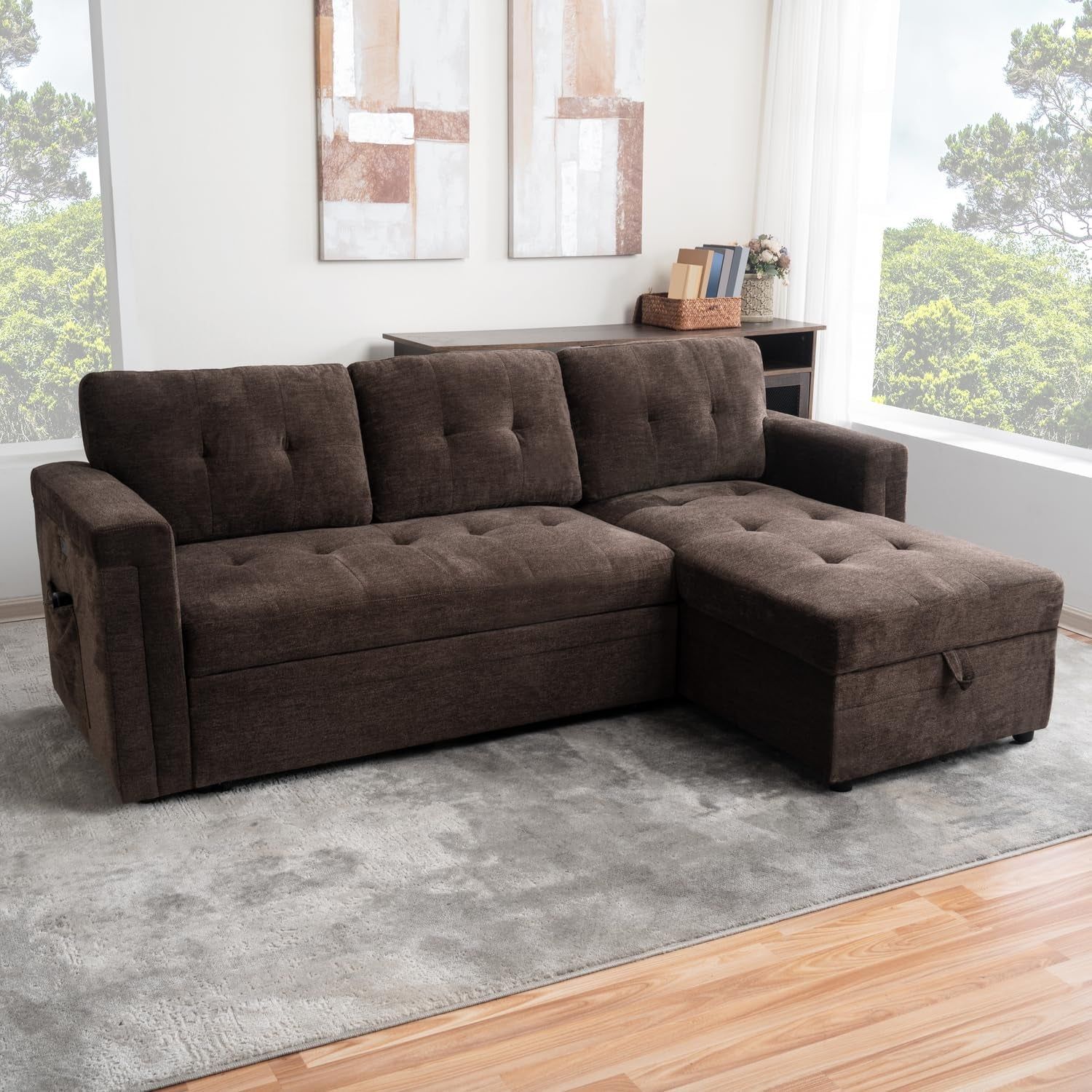 L-Shaped Sectional Sleeper Sofa with USB Ports - Convertible Pull-Out Bed, Ample Storage, Timeless Design, Durable Construction, Espresso/Microfiber