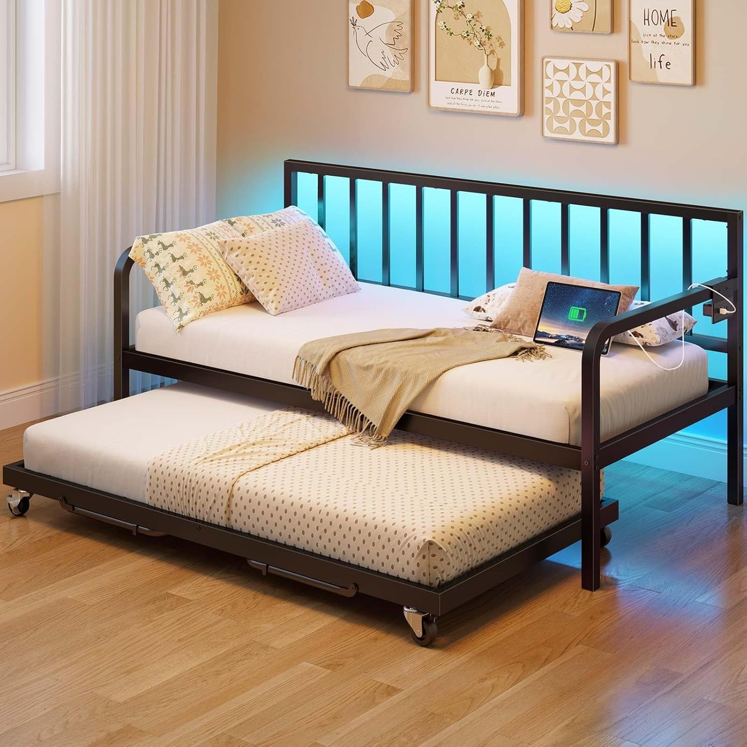 Daybed with Charging Station and LED Lights, Height Adjustable Twin Daybed with Trundle, Metal Sofa Bed Frame with Steel Slat Support for Living Room, Bedroom and Guest Room, Black