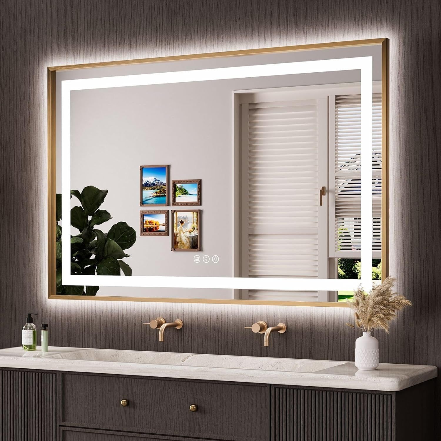 55&quot;X 36&quot; Gold LED Bathroom Mirror, Metal Framed Mirror with Front Light and Backlit, Stepless Dimmable, Anti-Fog, Shatter-Proof, Memory, 3 Colors