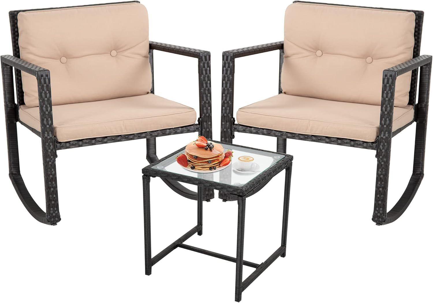 Wicker Patio Furniture Outdoor Bistro Set, Rocking Chair, 3 Piece, Rattan Conversation Set for Backyard Porch Poolside Lawn with Coffee Table,Black