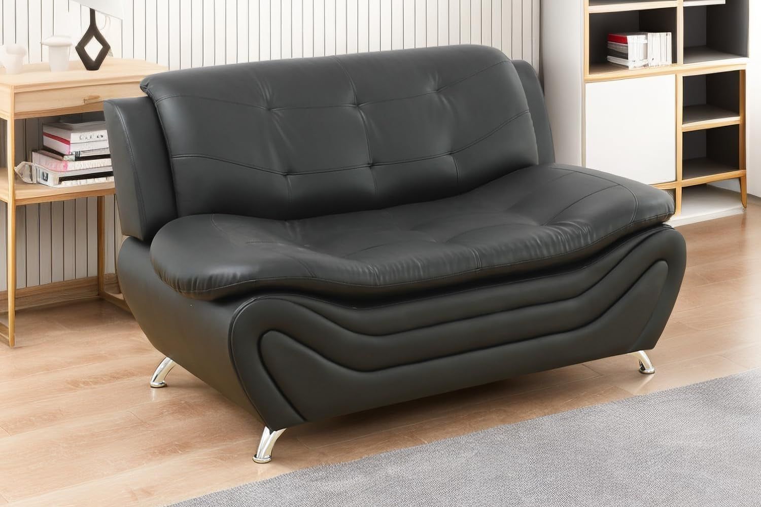 Contemporary Living Room Furniture Set, Faux Leather Sofa Set for Living Room/House/Bedroom/Office/Apartment (Black-A, Loveseat), F45&amp;F46
