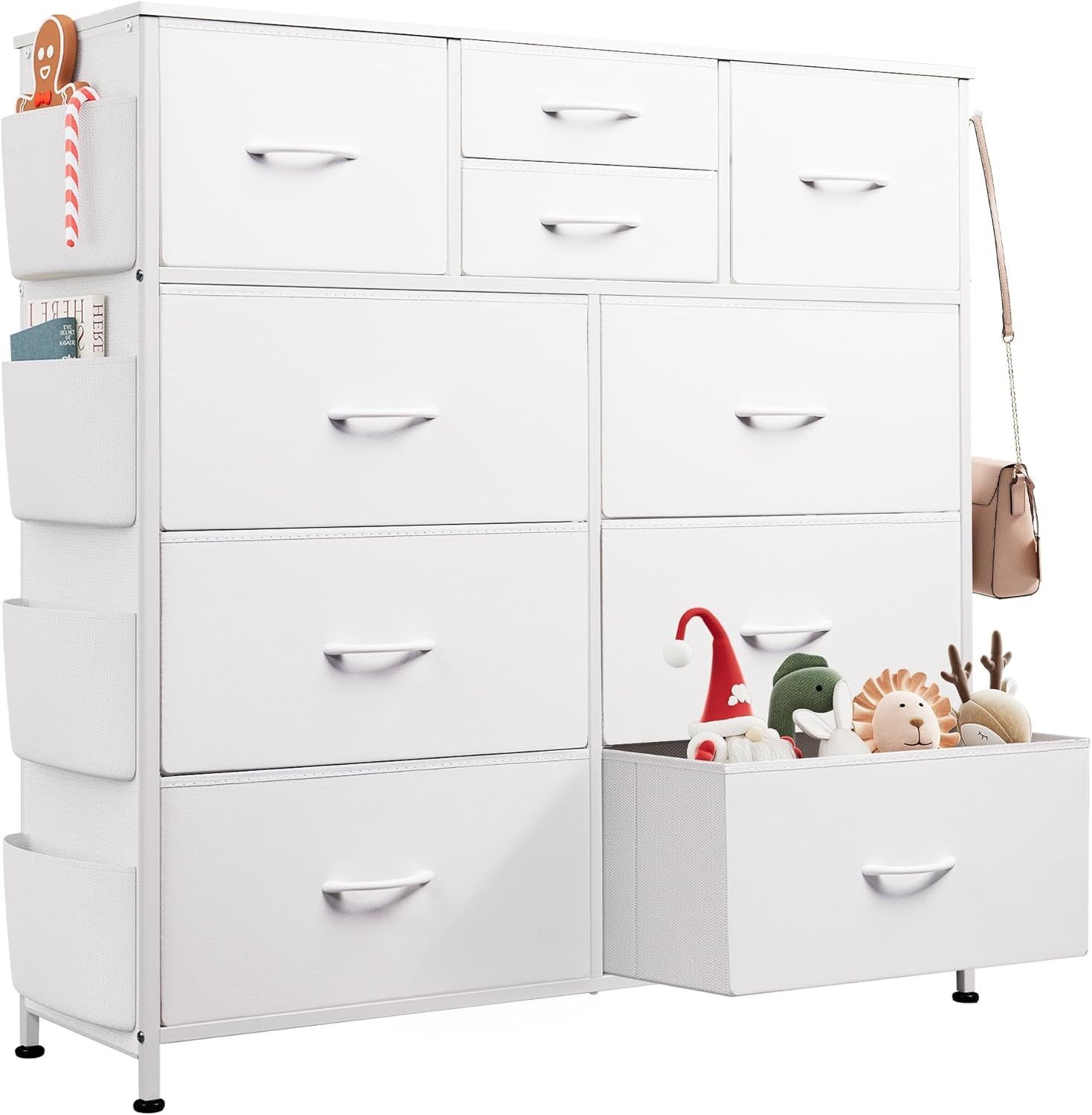 White Dresser for Bedroom with 10 Drawers, Chest of Drawers with Side Pockets and Hooks, PU Storage Dresser, Sturdy Metal Frame, Drawers Organizer Unit for Living Room, Hallway, Closet