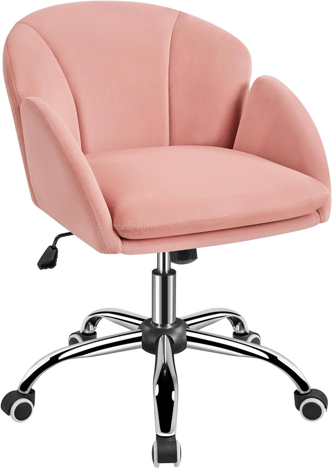 Pink Desk Chair Cute Velvet Chair for Home Office, Vanity Chair with Wheels Armrests Modern Swivel Rolling Chair for Bedroom