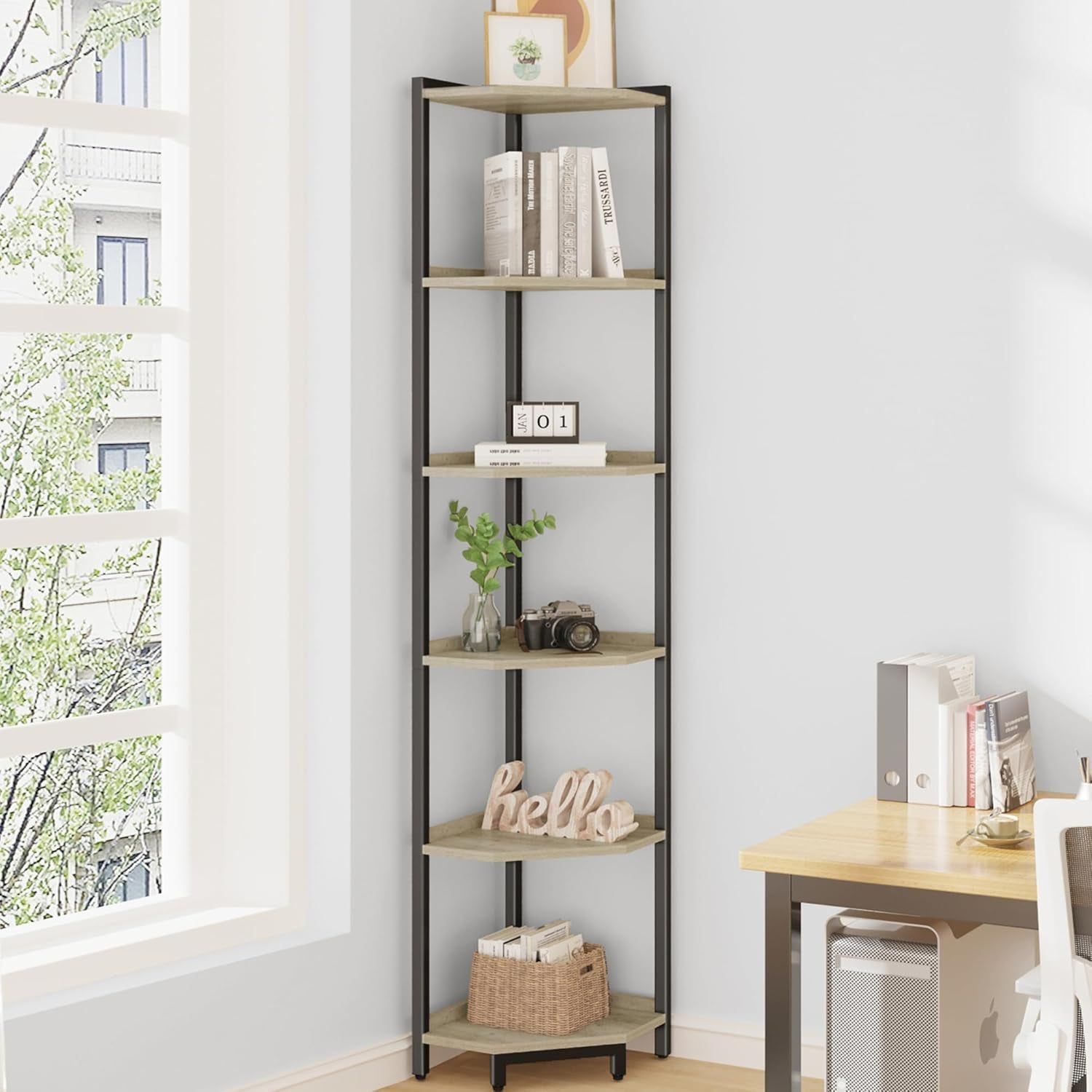 Corner Shelf Stand, Corner Bookshelf, Storage Standing Shelf Unit with Metal Frame, Plant Stand, Corner Bookcase for Living Room, Home Office, Bedroom, 6-Tier Greige CS06005B