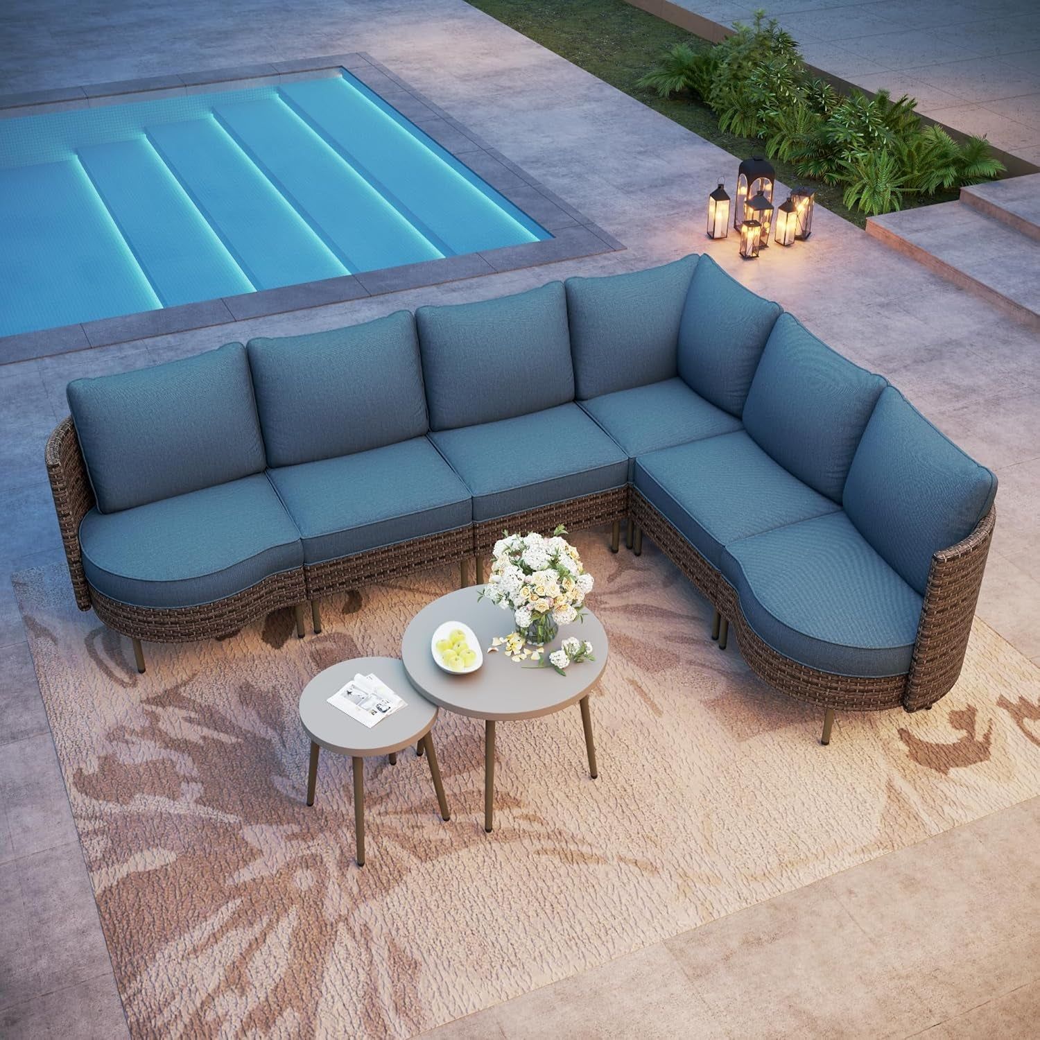 8 Pieces Patio Furniture Set All-Weather Outdoor Wicker Sectional Conversation Sofa Rattan Patio Seating Sofa with Cushion and 2 round Table for Balcony,Porch,Backyard,Deck,Garden