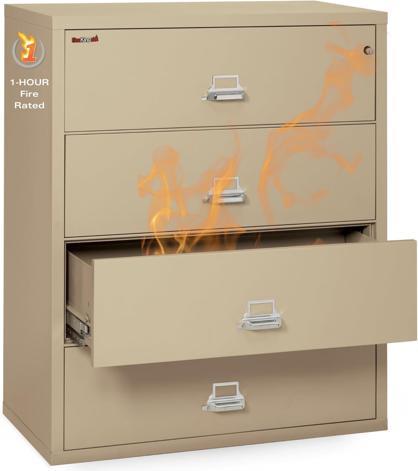 Lateral 4 Drawer Legal and Letter Fire Safe File Cabinet with Key Lock, 1 Hour Fire Rated, UL Rated &amp; Water Resistant Home Safe, Filing Cabinet, Made in the USA, Parchment